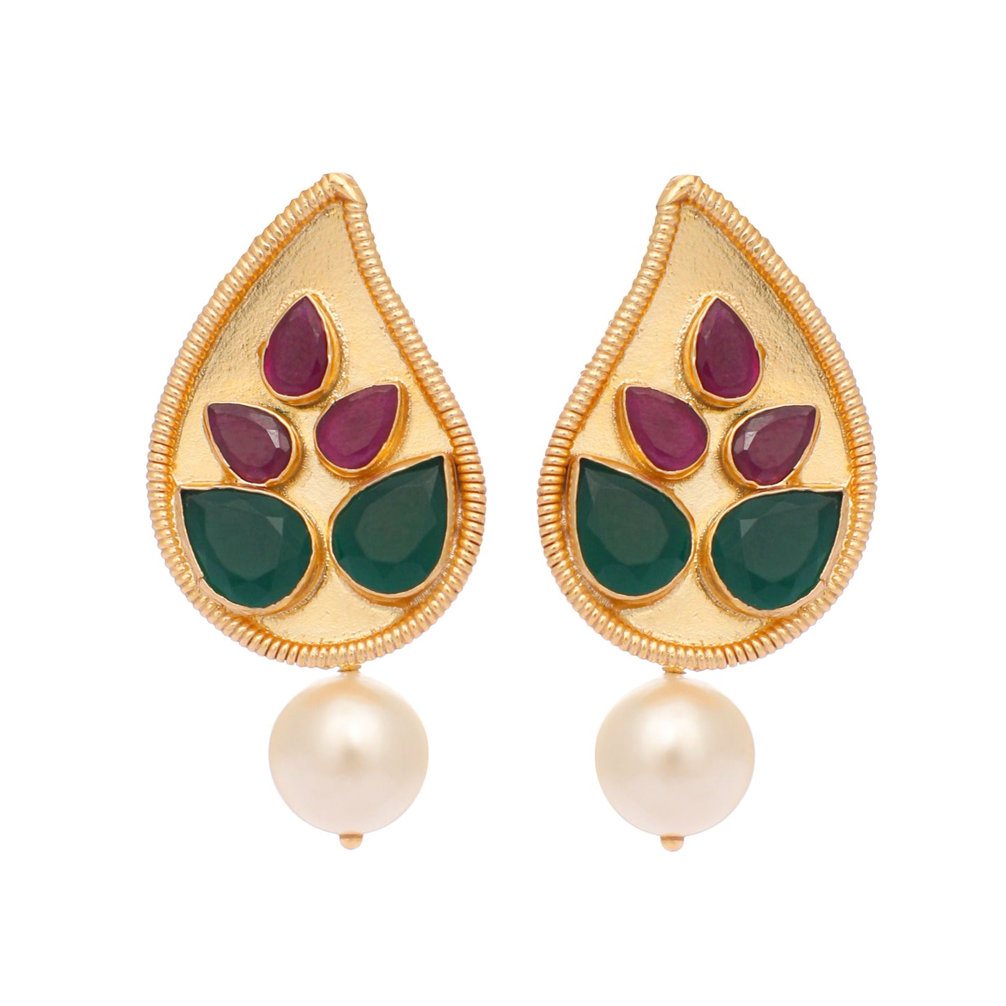 Nuyug 22K Gold Plated Emarald Stone Studded Contemporary Petal Shaped Pearl Drop Stud Earrings | Swadesiicart