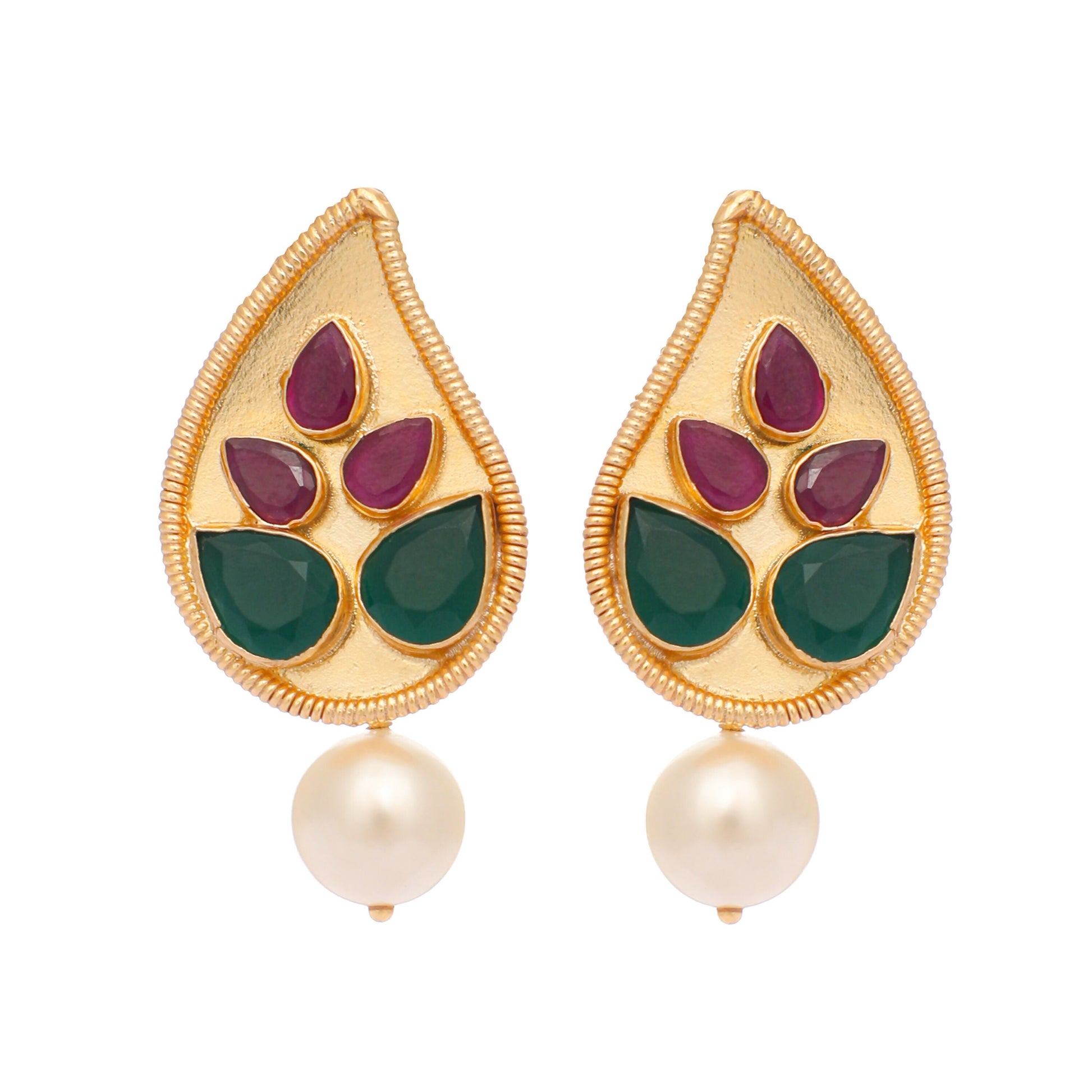 Nuyug 22K Gold Plated Emarald Stone Studded Contemporary Petal Shaped Pearl Drop Stud Earrings | Swadesiicart
