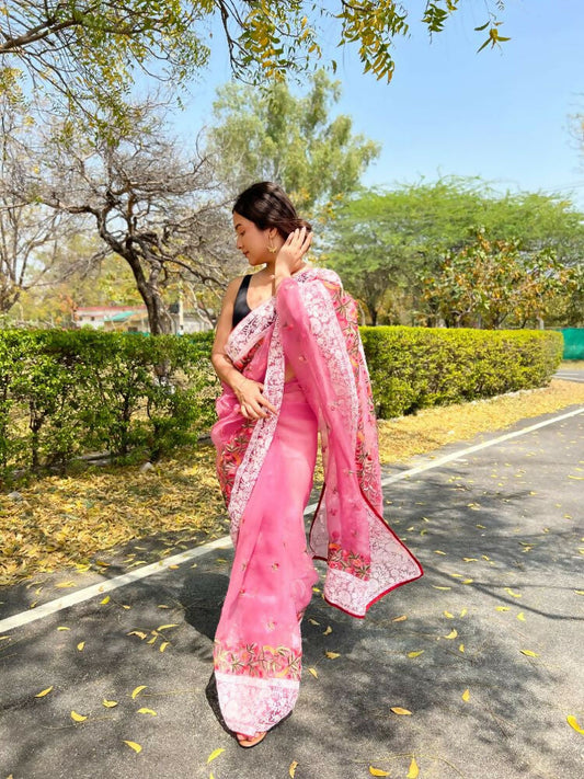 Vamsee Riddhi-Siddhi -1 Pink Organza Saree - Swadesiicart