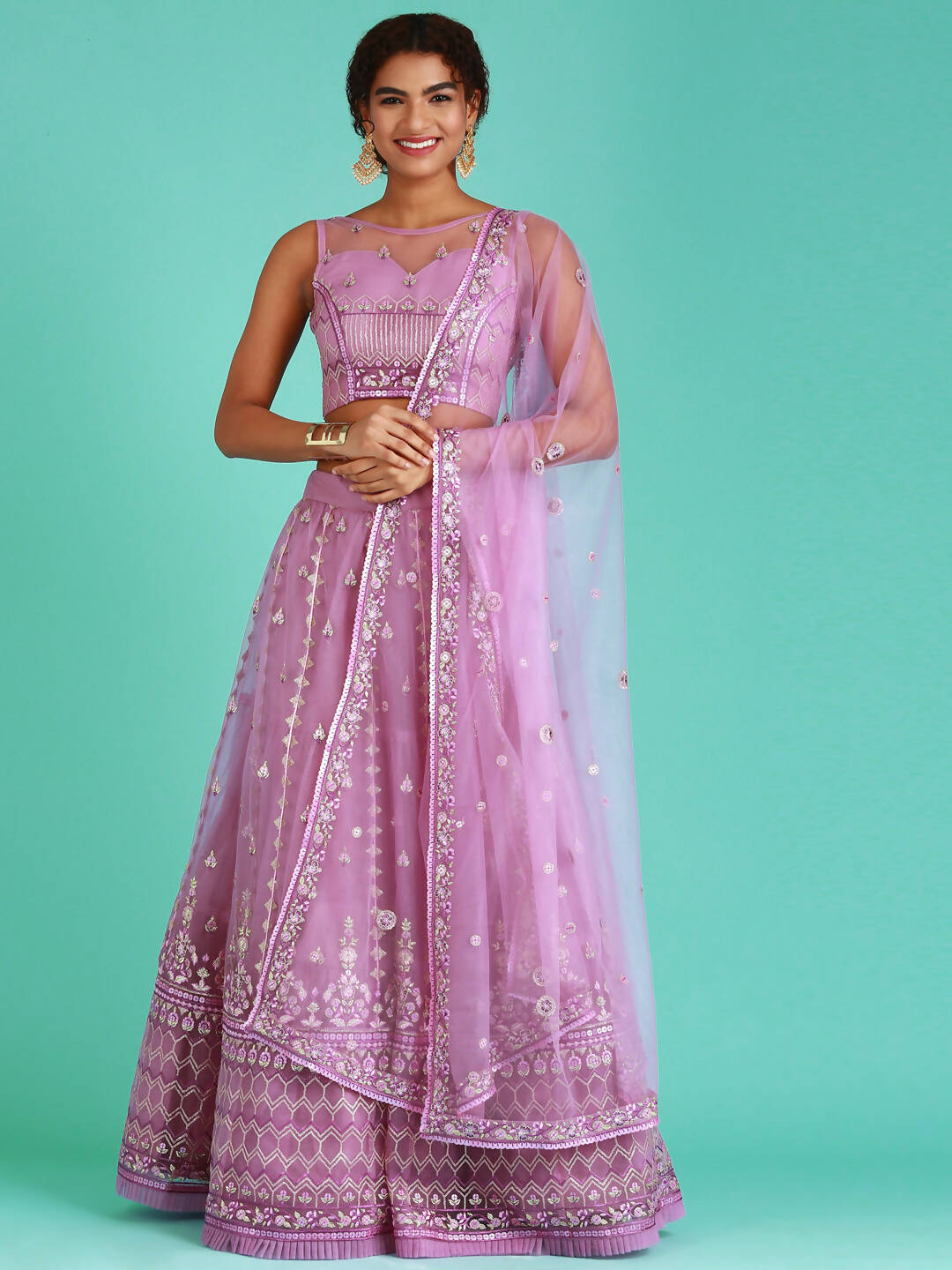 House of Panchhi Rose Gold Net Sequinse Work Lehenga & Blouse, Dupatta | Swadesiicart