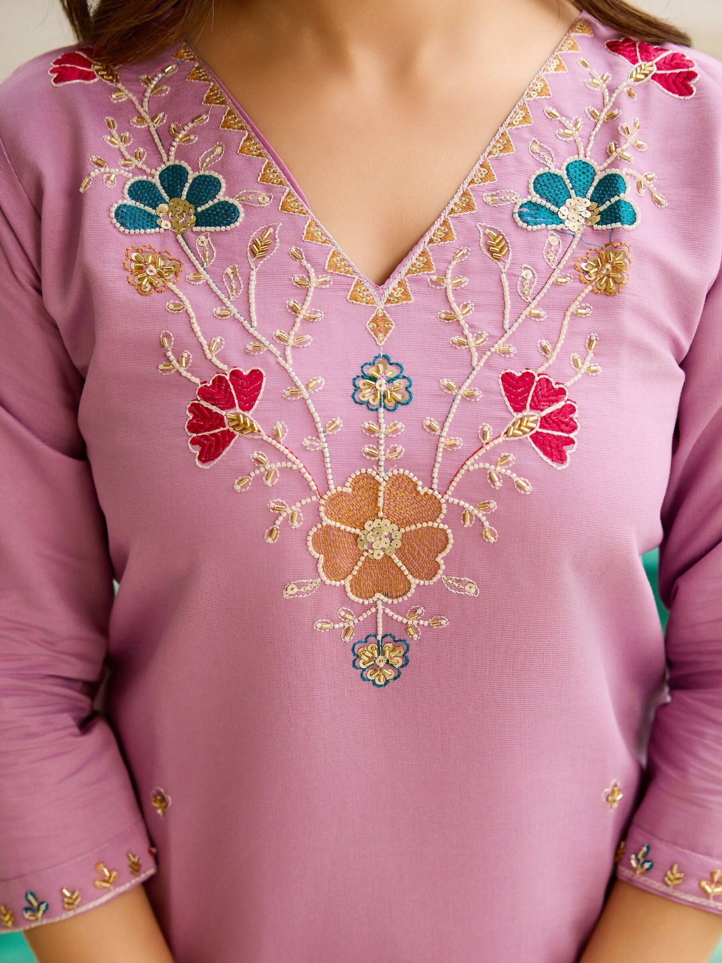 The52 Lavender Women's Gorgeous Embroidered work Viscose Gadhwal Fabric Straight Kurta, Pant and Dupatta Set - Swadesiicart