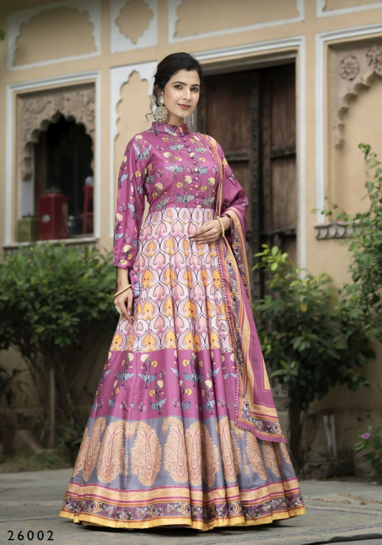 Wedding Designer Purple Soft Dola Silk Anarkali suit with Dupatta - Samanta - Swadesiicart