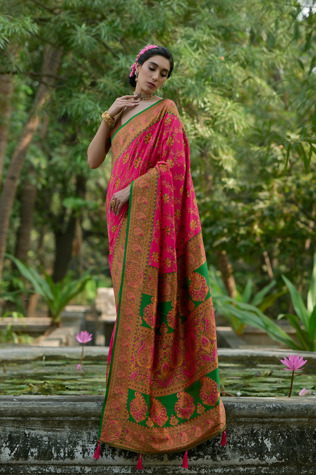Vishnu Weaves Women's Pink Pashmina Silk Thread Woven Saree with Blouse - Swadesiicart