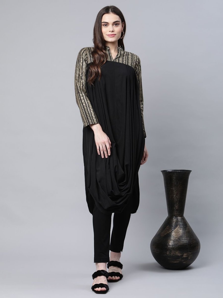 Ahalyaa Womens Black Crepe Rubber Print Cowl Style Kurta | Swadesiicart