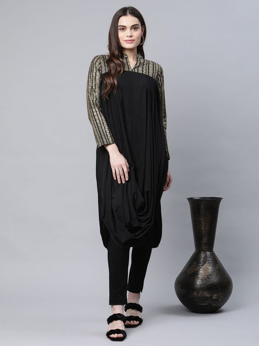 Ahalyaa Womens Black Crepe Rubber Print Cowl Style Kurta | Swadesiicart