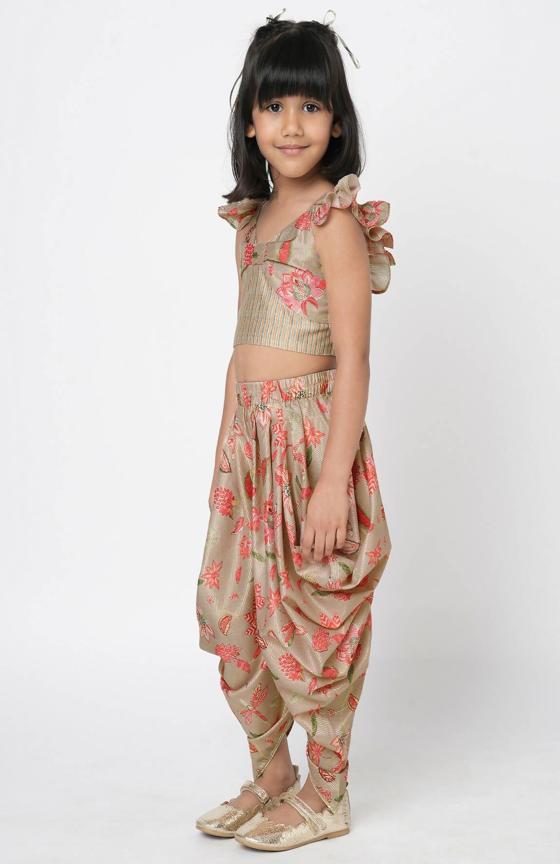 Lil Drama Golden Weaves Beige Crop Top With Dhoti Co-Ordinate Set - Swadesiicart