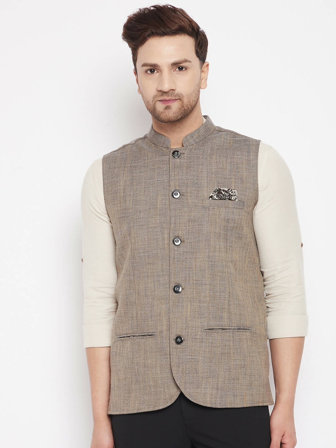 Even Apparels Brown Linen Men Woven Nehru Jacket | Swadesiicart