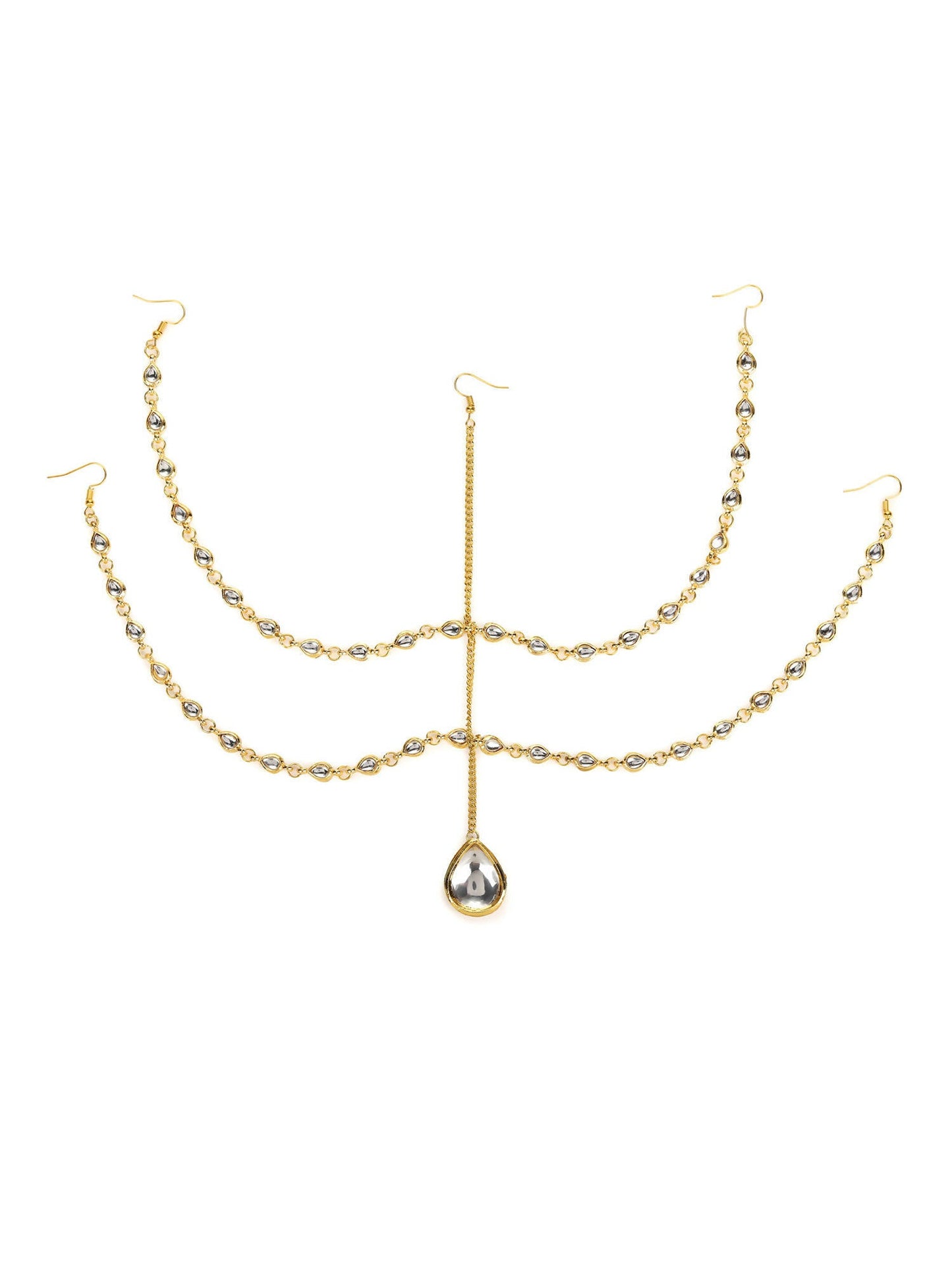 Gold-Polished White Faux Kundan-Studded Faux Pearl Beaded Handcrafted Matha Patti - Ruby Raang | Swadesiicart