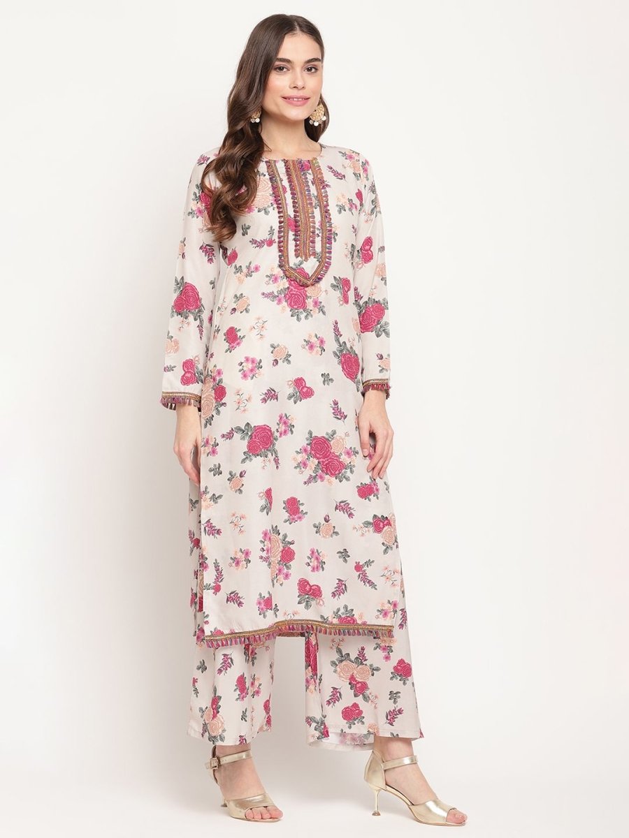 Ahalyaa Women Beige Floral Printed Regular Gotta Patti Kurta with Palazzos & With Dupatta | Swadesiicart