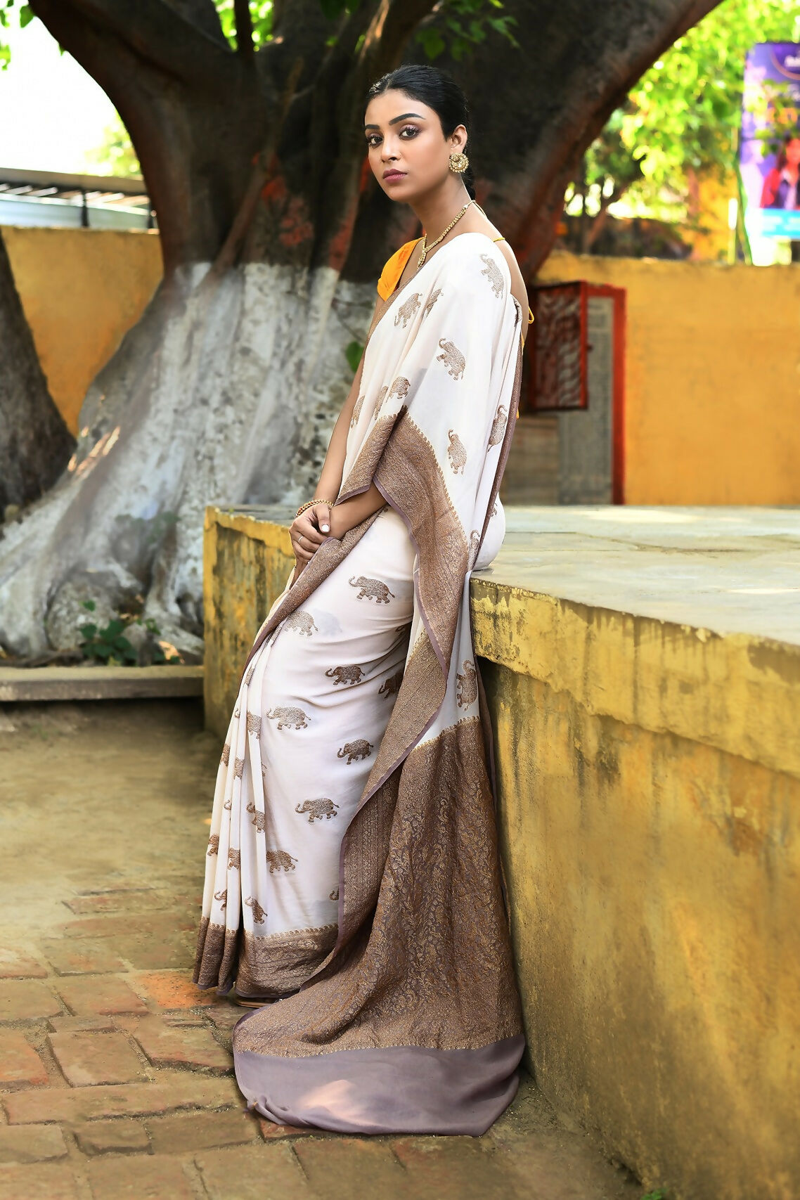 Joban Fashion Ivory Crepe Chiffon Pure Handloom Banarasi Silk Saree | Swadesiicart