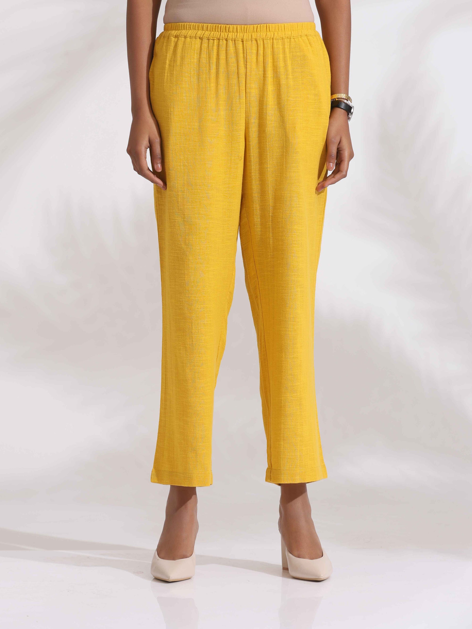 trueBrowns Yellow Cotton Slub Embroidered Straight Kurta Set | Swadesiicart