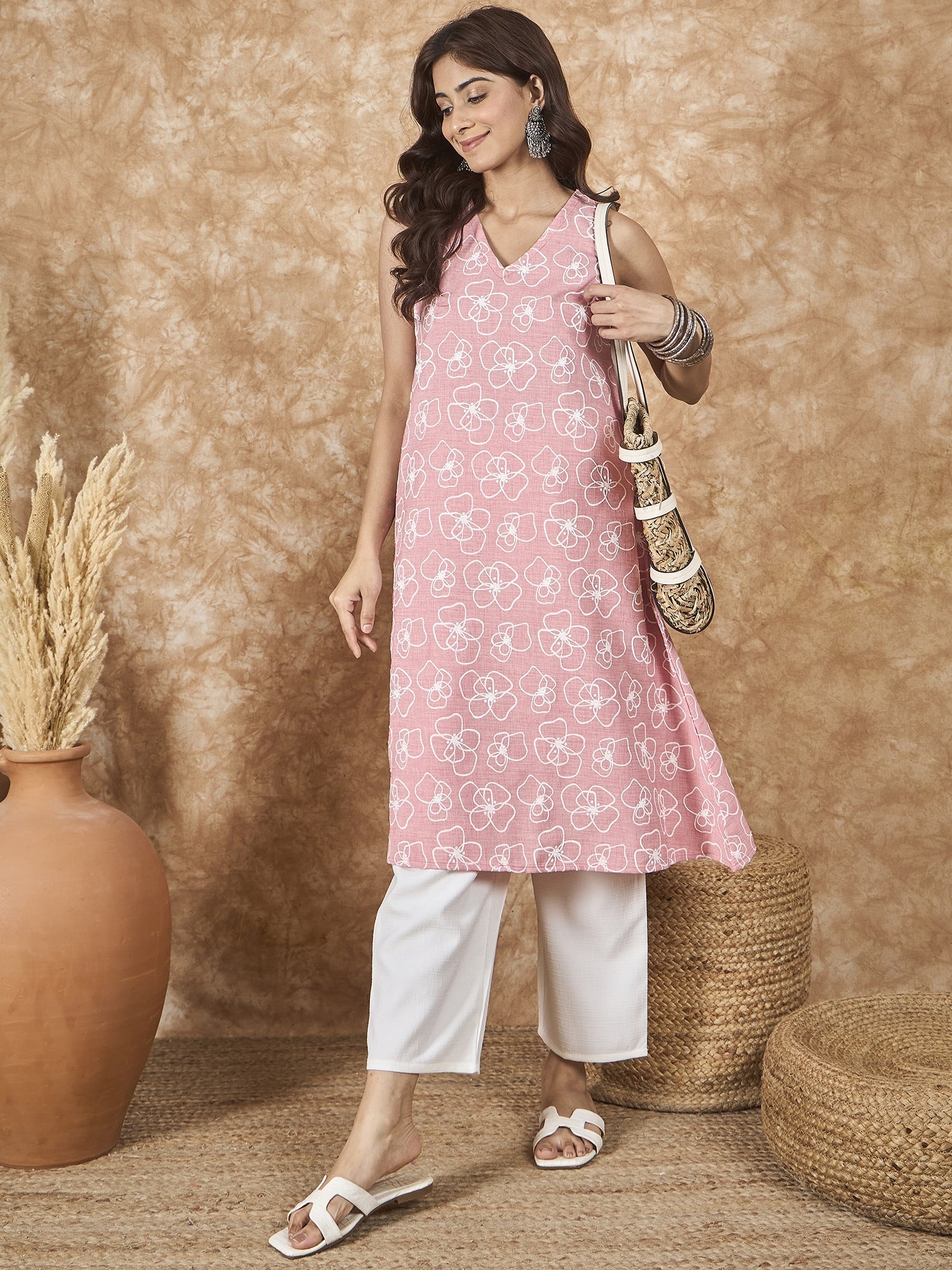 InWeave Pastel Peach V Neck Aline Kurta Set - Swadesiicart