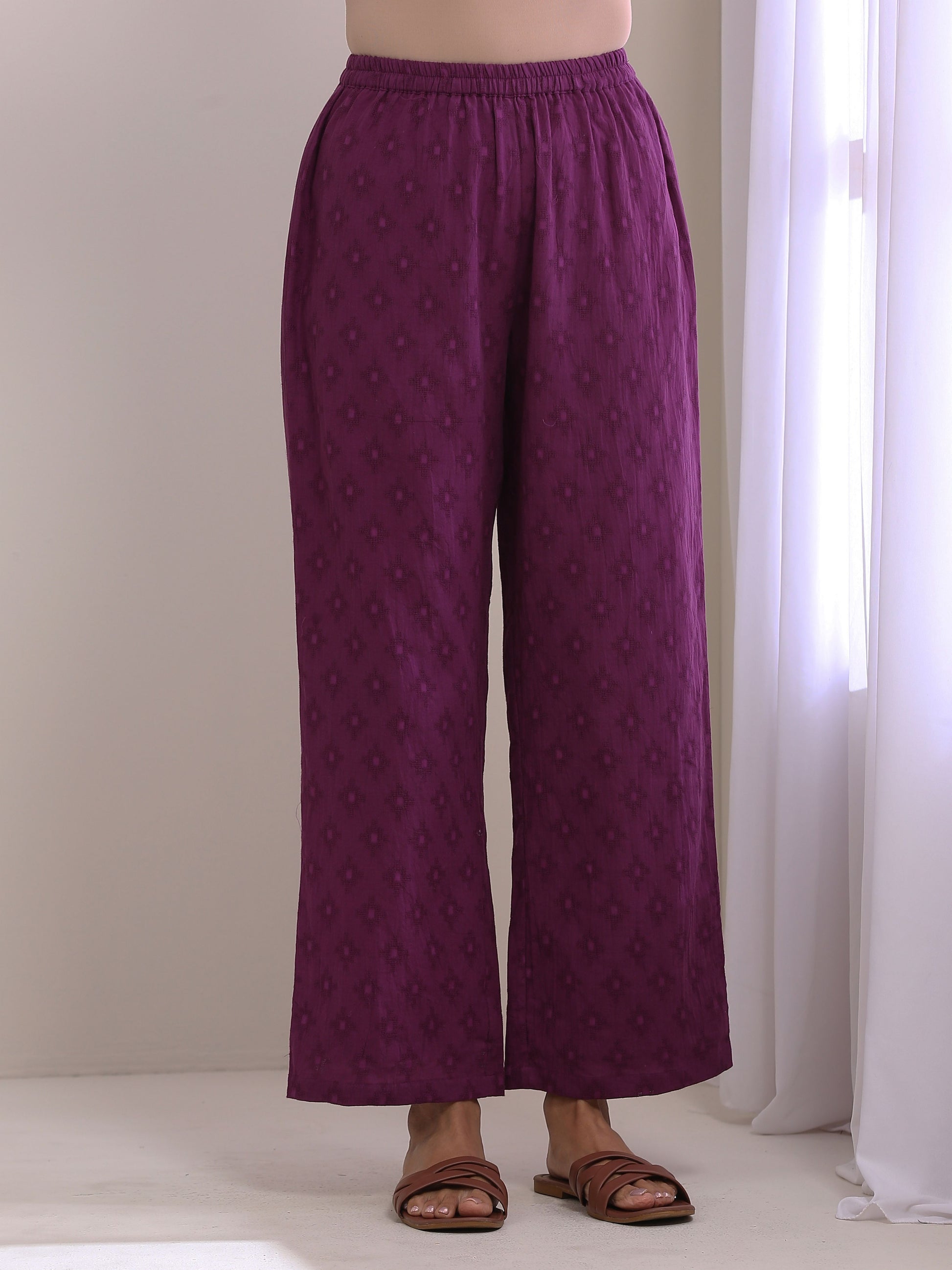 trueBrowns Plum Purple Dobby Gathers Co-Ord Set - Swadesiicart