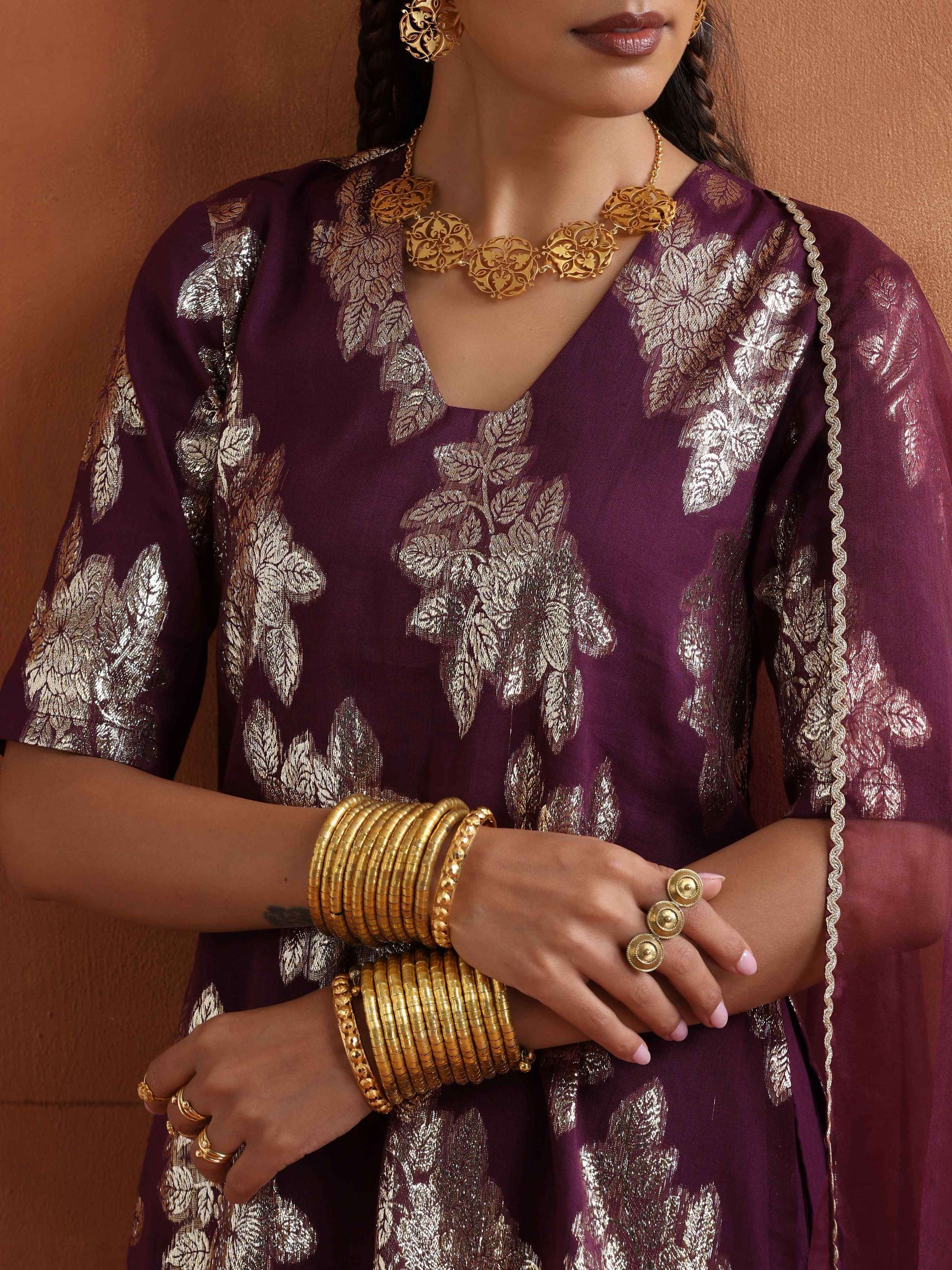 trueBrowns Purple Metallic Sharara Dupatta Set | Swadesiicart