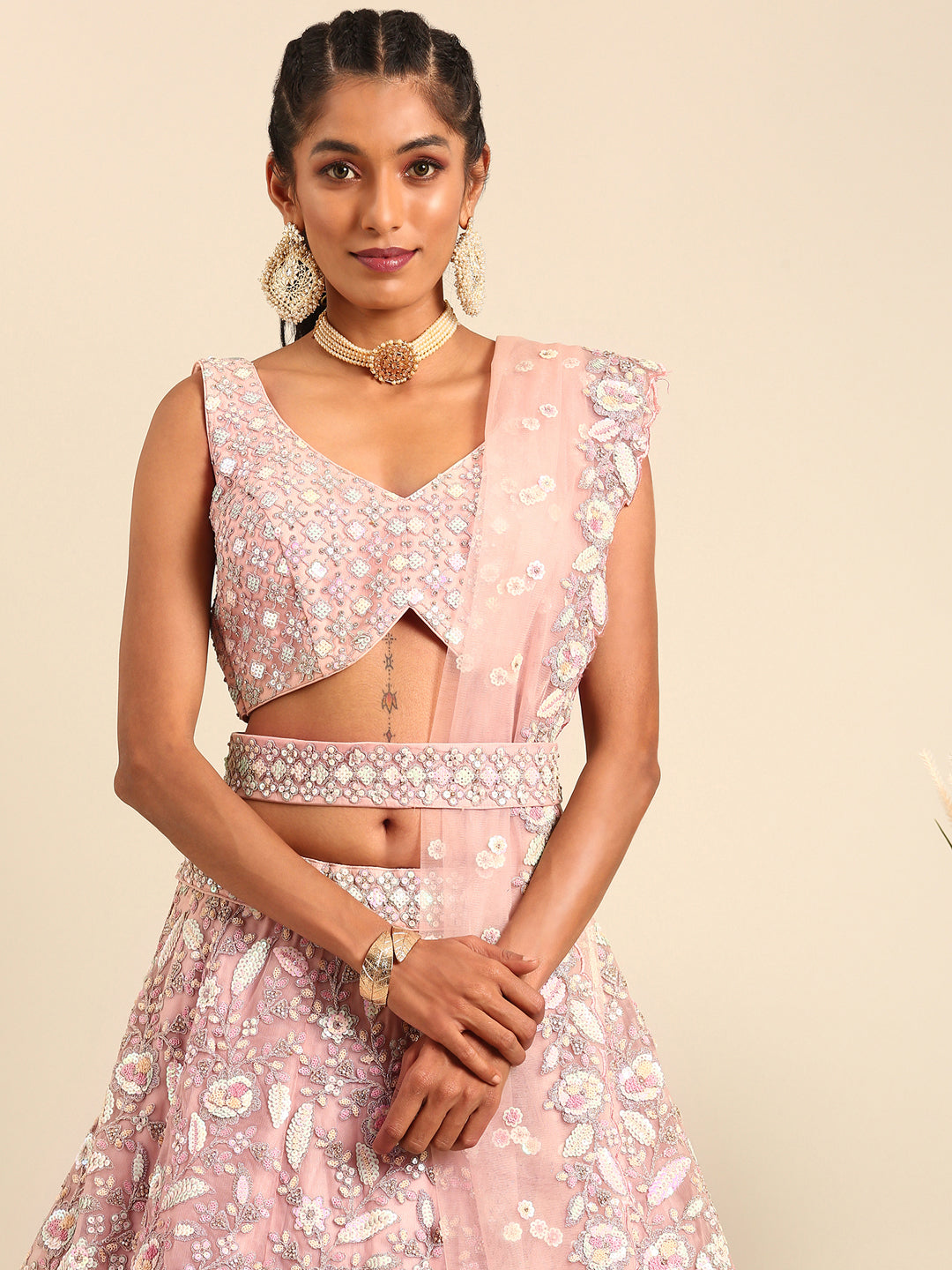 House of Panchhi Pink Net Multi Sequins with heavy Zarkan embroidery Lehenga choli & Dupatta | Swadesiicart