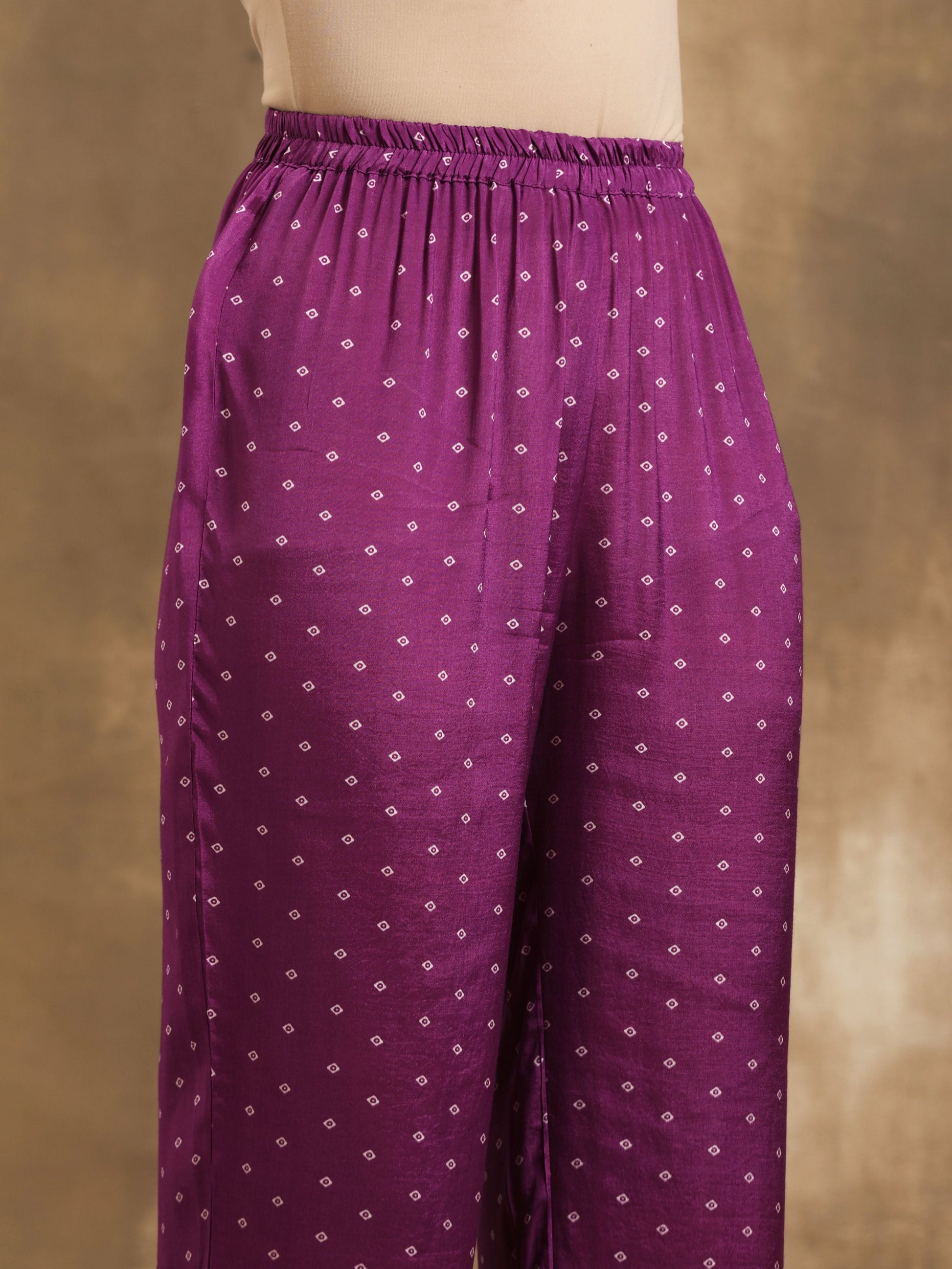 trueBrowns Purple Bandhani Printed Silk Co-Ord Set - Swadesiicart