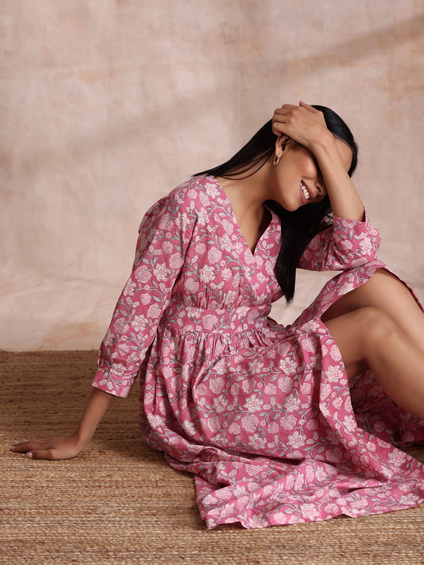 trueBrowns Pink Overall Floral Block Print Cotton Wrap Dress | Swadesiicart