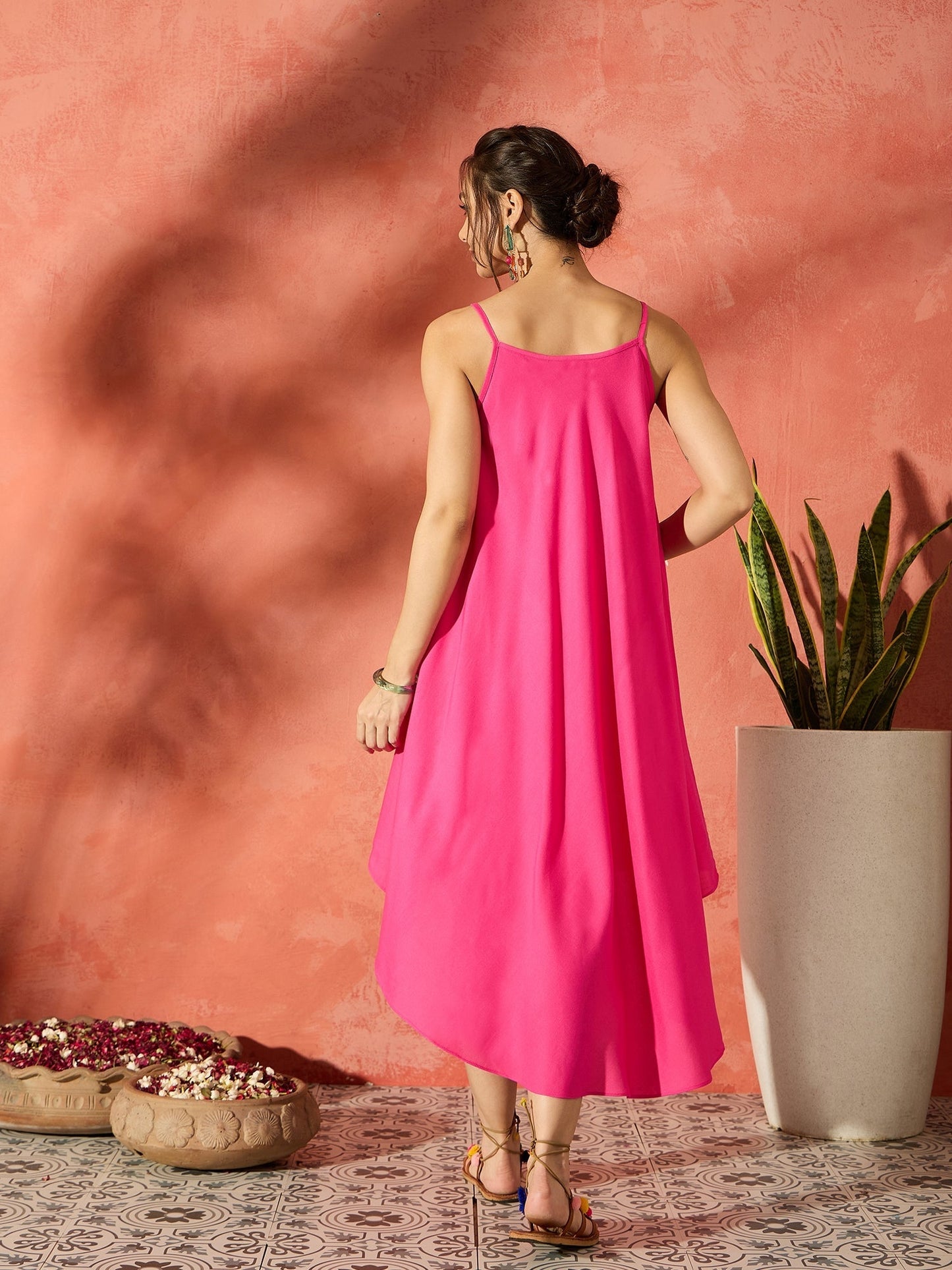 InWeave Black Floral Fuchsia Asymmetrical Dress - Swadesiicart