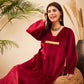 InWeave Women's Barn Red V Neck Asymmetrical Pleated Velvet Kurta Set - Swadesiicart
