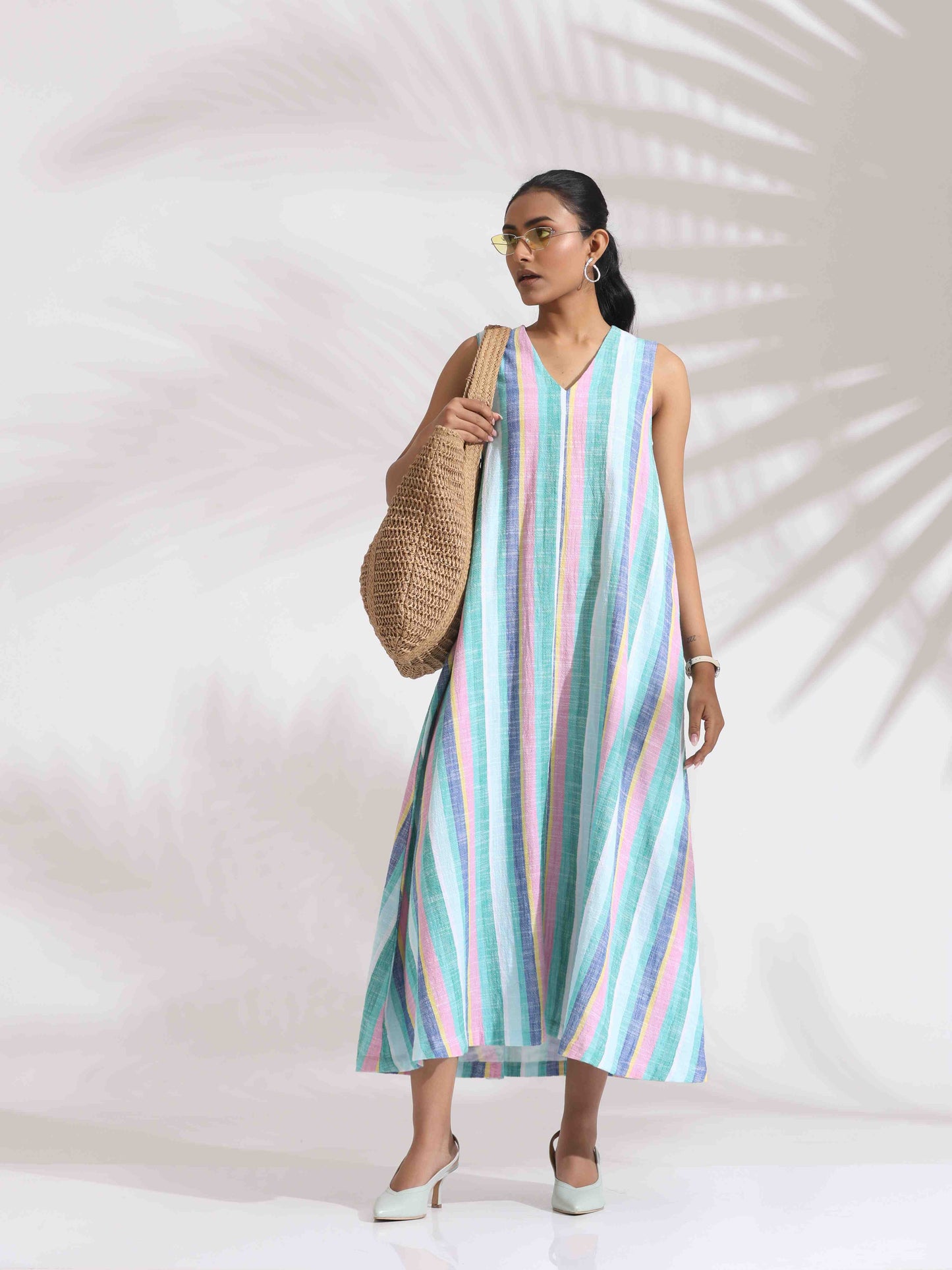 trueBrowns Green Cotton Multi Stripe Flared Dress | Swadesiicart