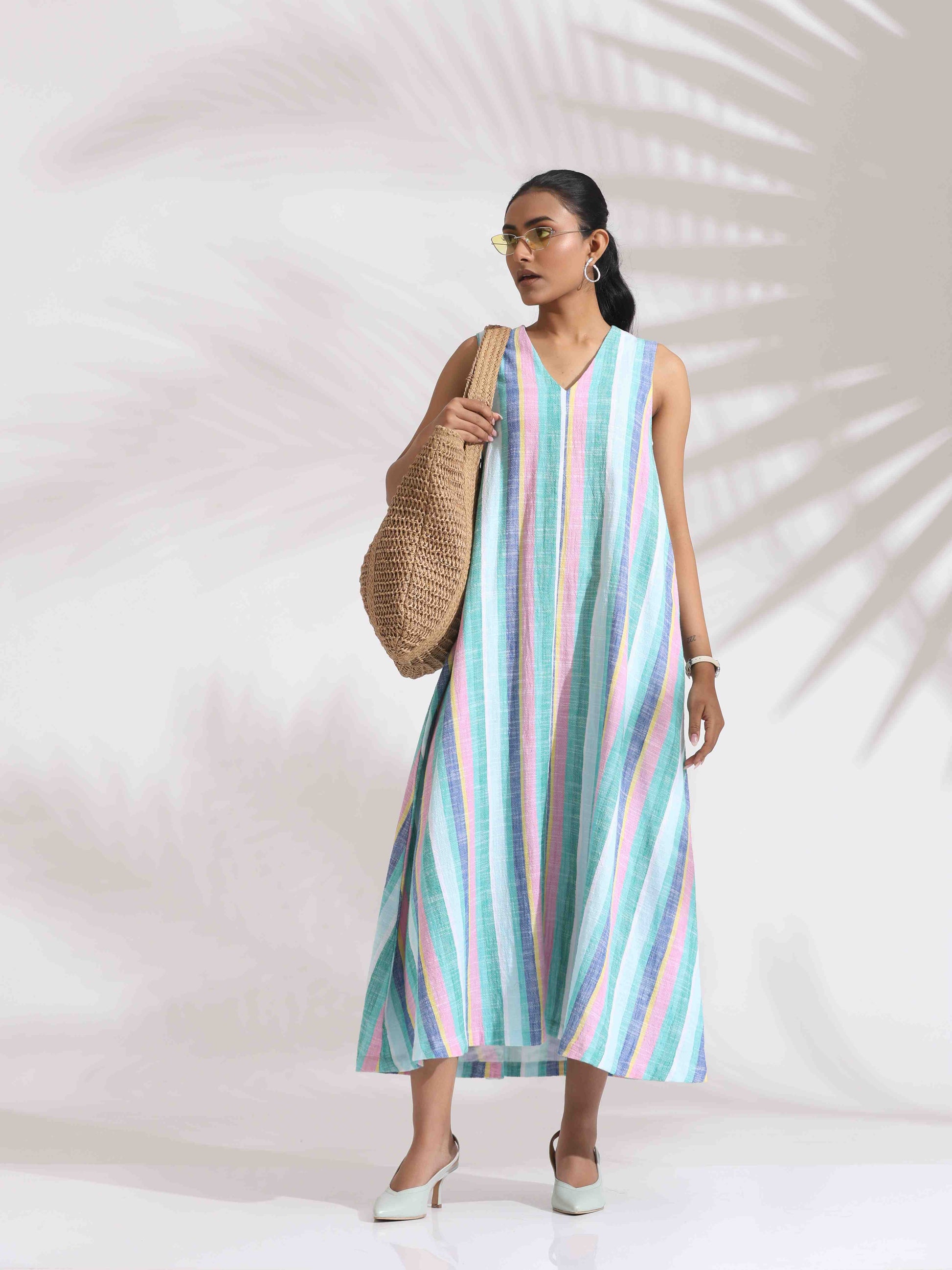 trueBrowns Green Cotton Multi Stripe Flared Dress | Swadesiicart