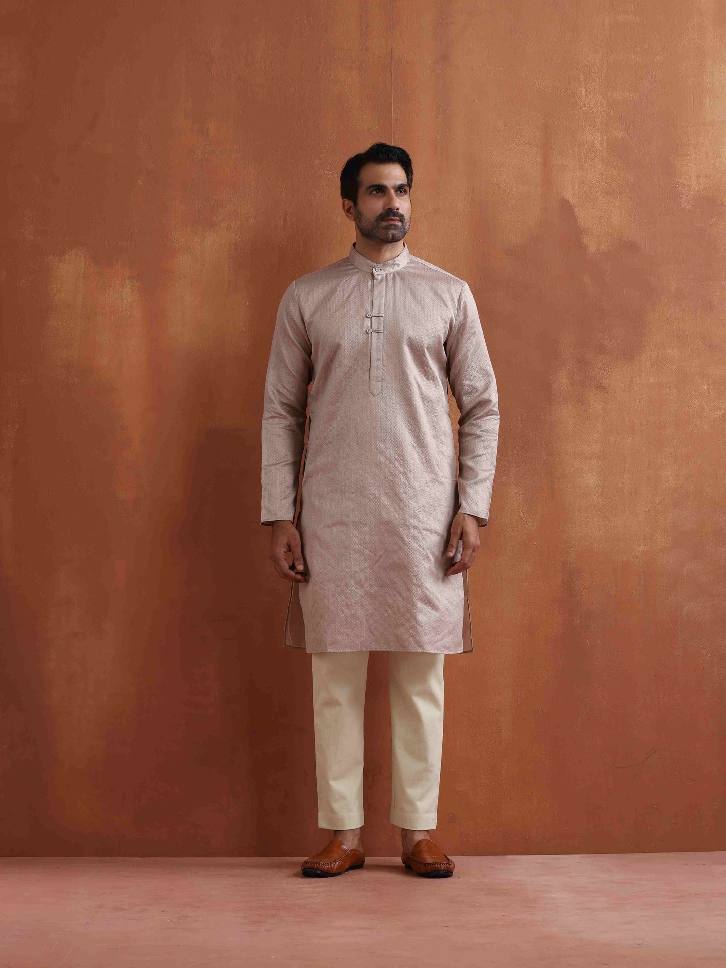 trueBrowns Men's Beige Sequin Chanderi Kurta | Swadesiicart