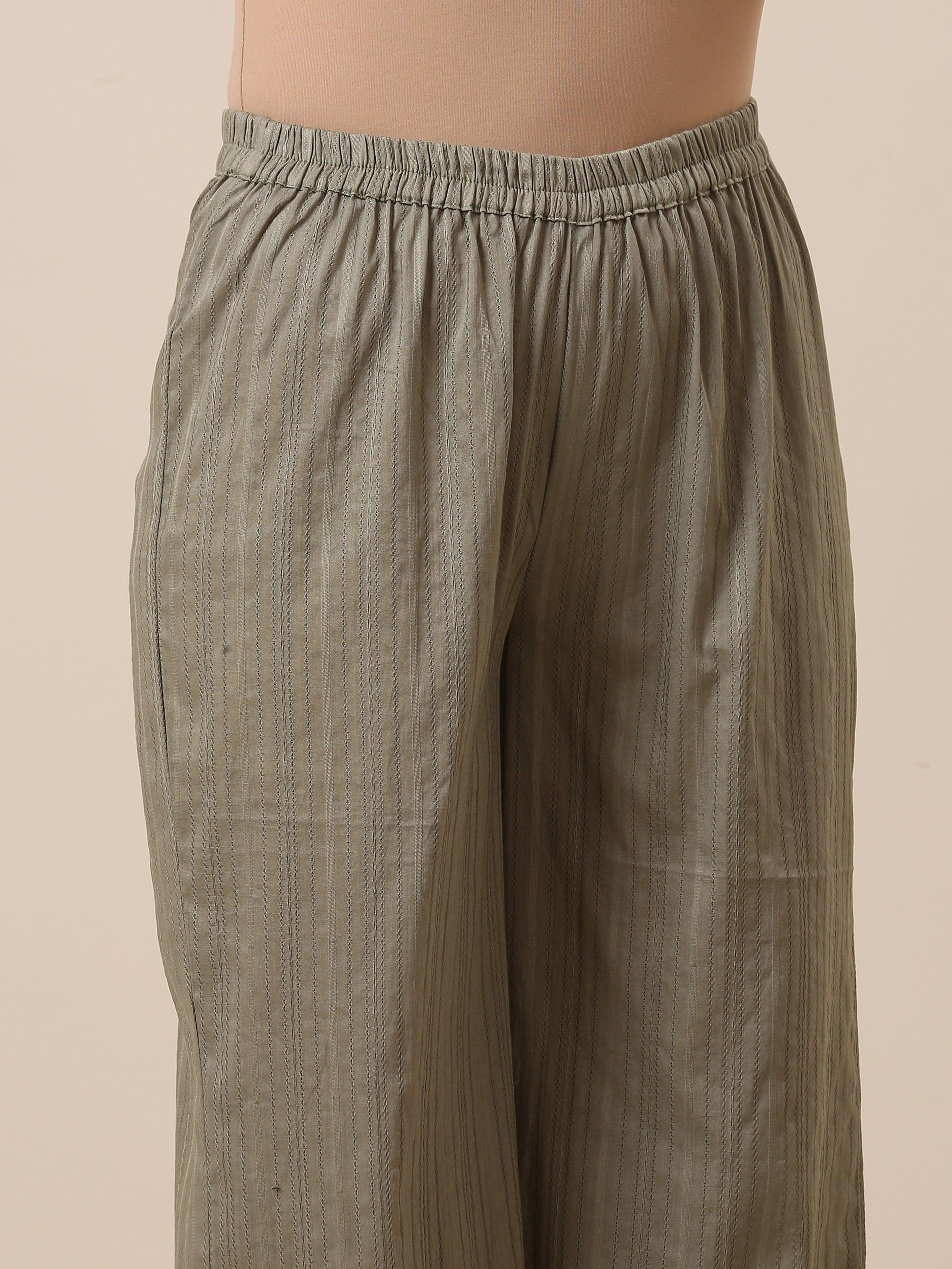 trueBrowns Cotton Olive Green Flared Slit Kurta Pant Set | Swadesiicart