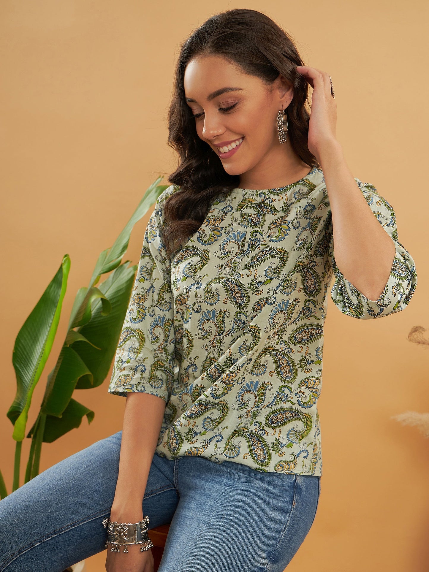 InWeave Women's Sage Green Paisley Print Top - Swadesiicart