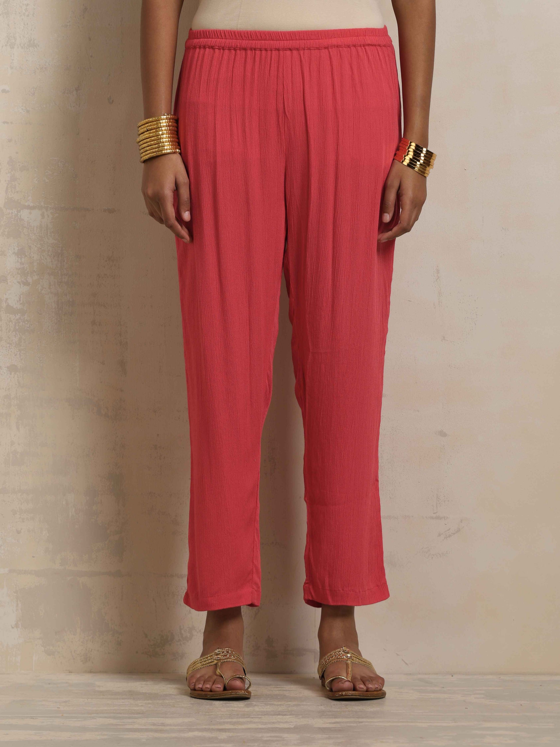 trueBrowns Peach Crinkle Flared Kurta Co-ord Set - Swadesiicart