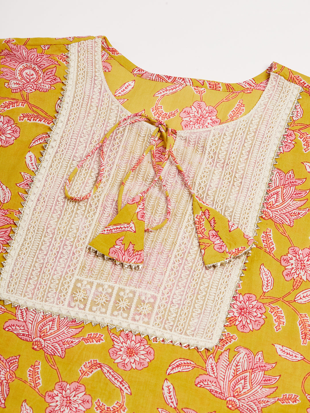 InWeave Women's Lime Pink Print Patch Cotton Straight Kurta - Swadesiicart