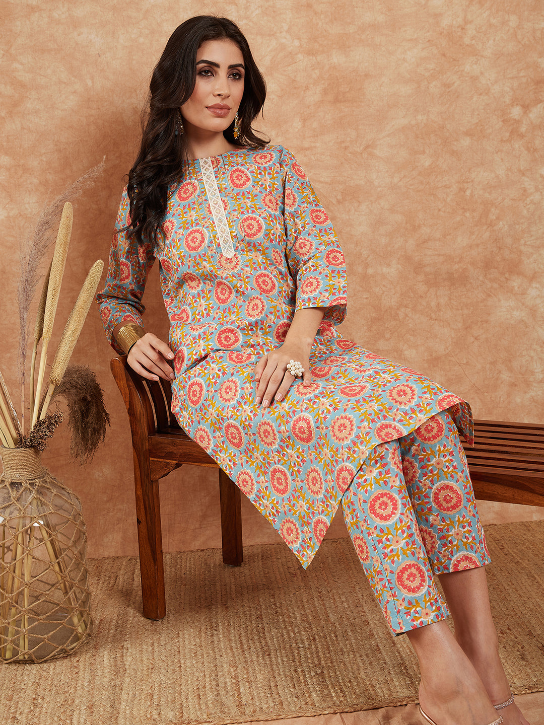 InWeave Women's Light Blue Floral Jaal Gota Work Straight Kurta Pant Set - Swadesiicart
