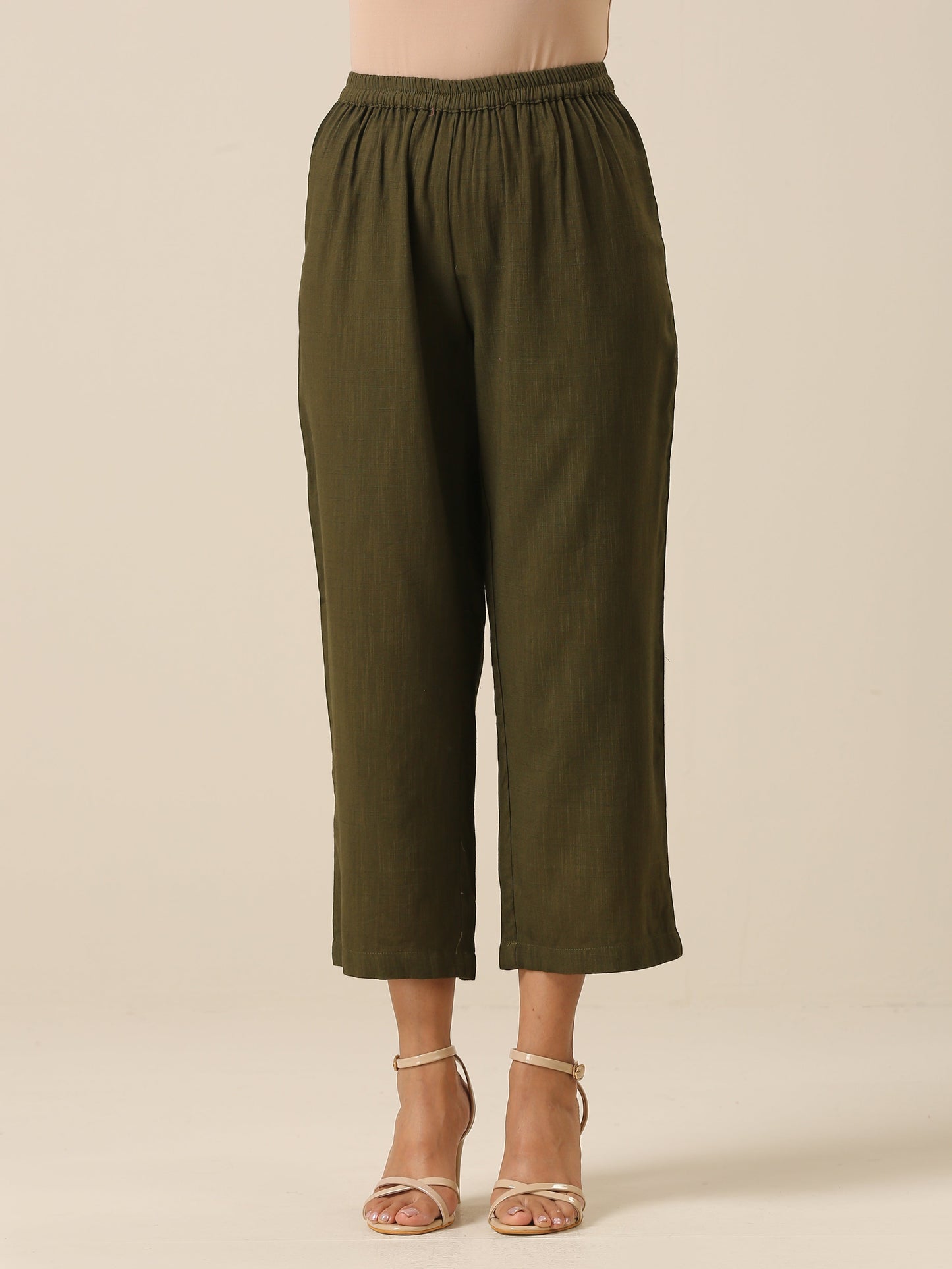 trueBrowns Olive Green Slub Texture Baggy Sleeve Co-Ord Set - Swadesiicart