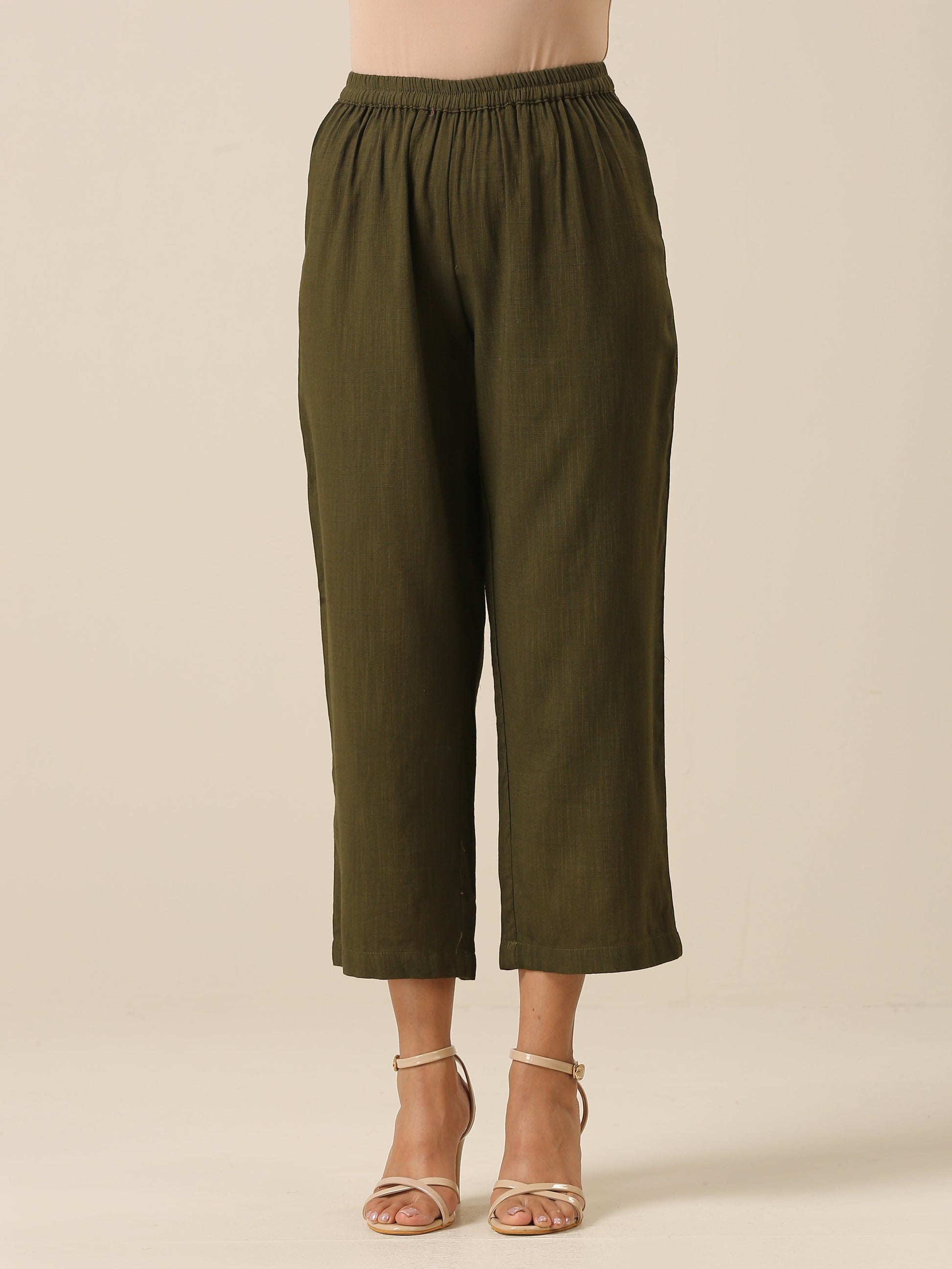 trueBrowns Olive Green Slub Texture Baggy Sleeve Co-Ord Set - Swadesiicart