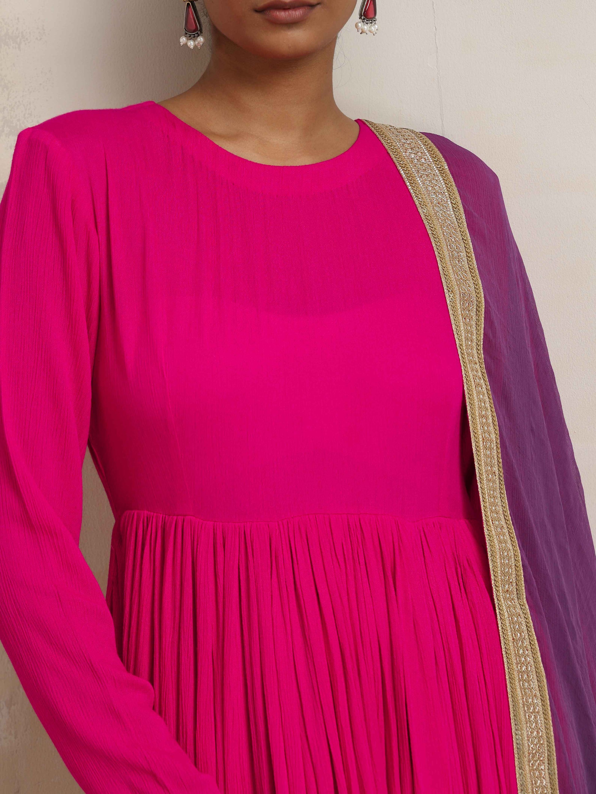 trueBrowns Pink Crinkle Anarkali Kurta Pant Dupatta Set | Swadesiicart
