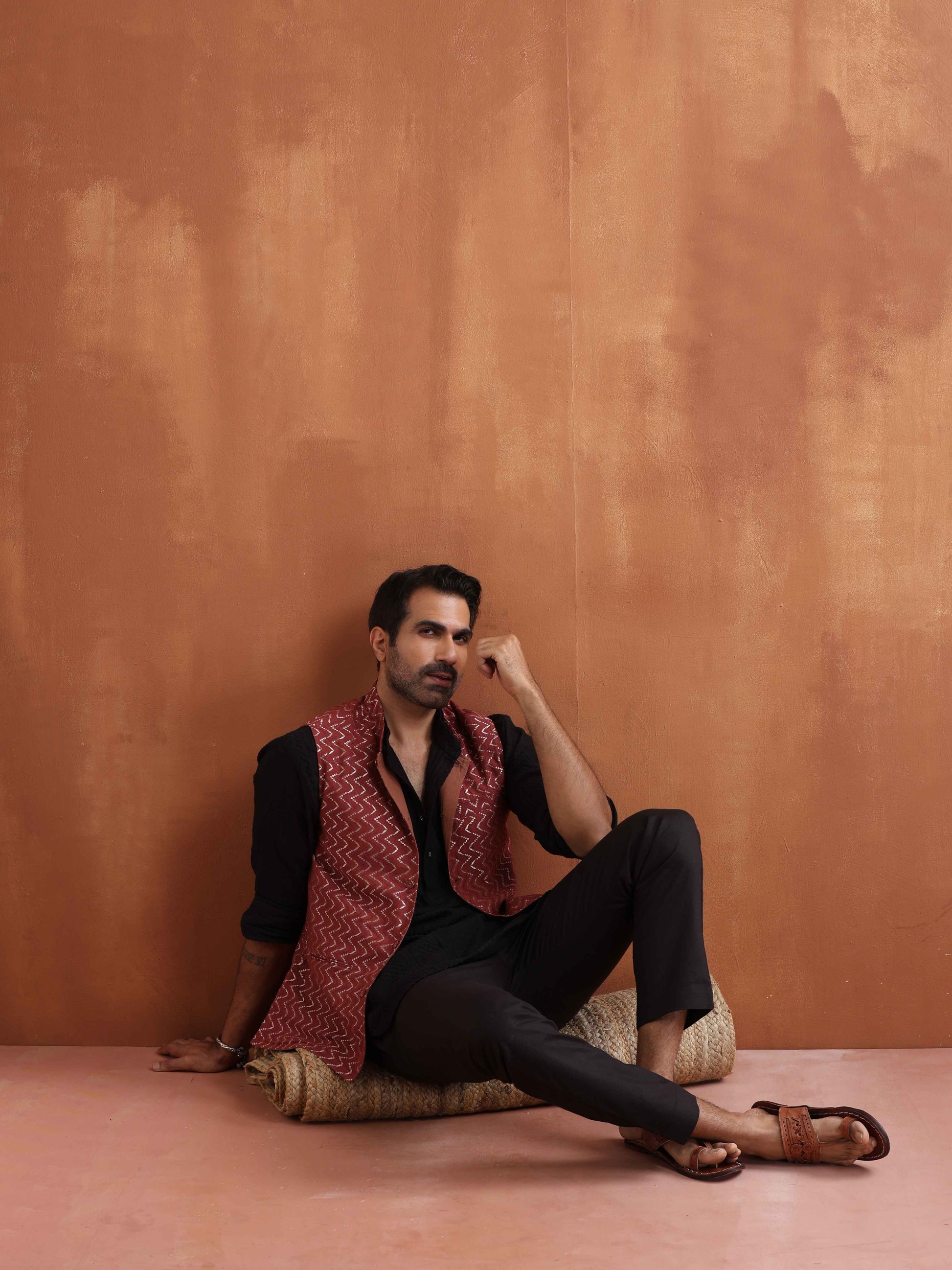 trueBrowns Men's Rust Cotton Dobby Nehru Jacket | Swadesiicart