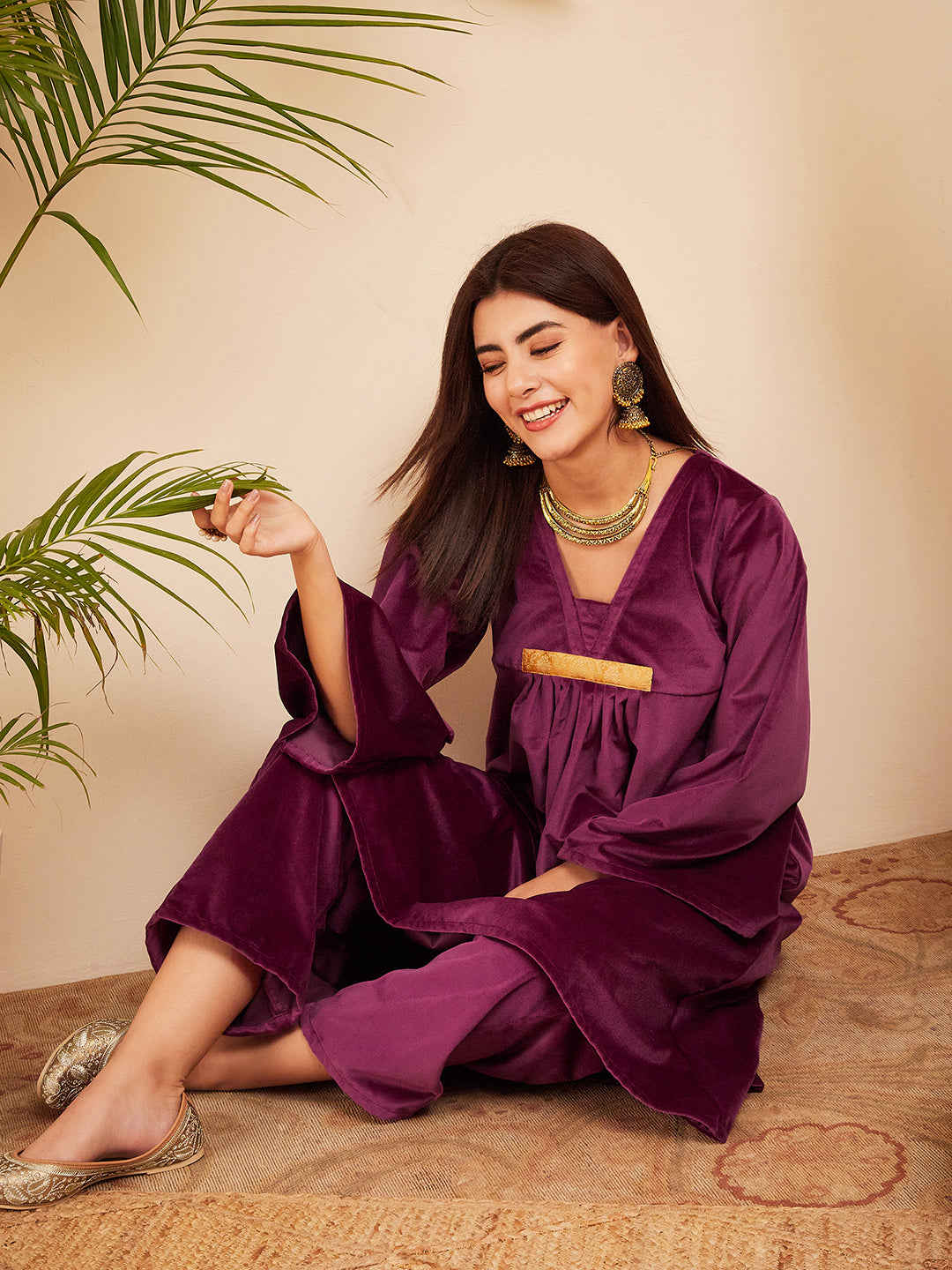InWeave Women's Wine V Neck Asymmetrical Pleated Velvet Kurta Set - Swadesiicart