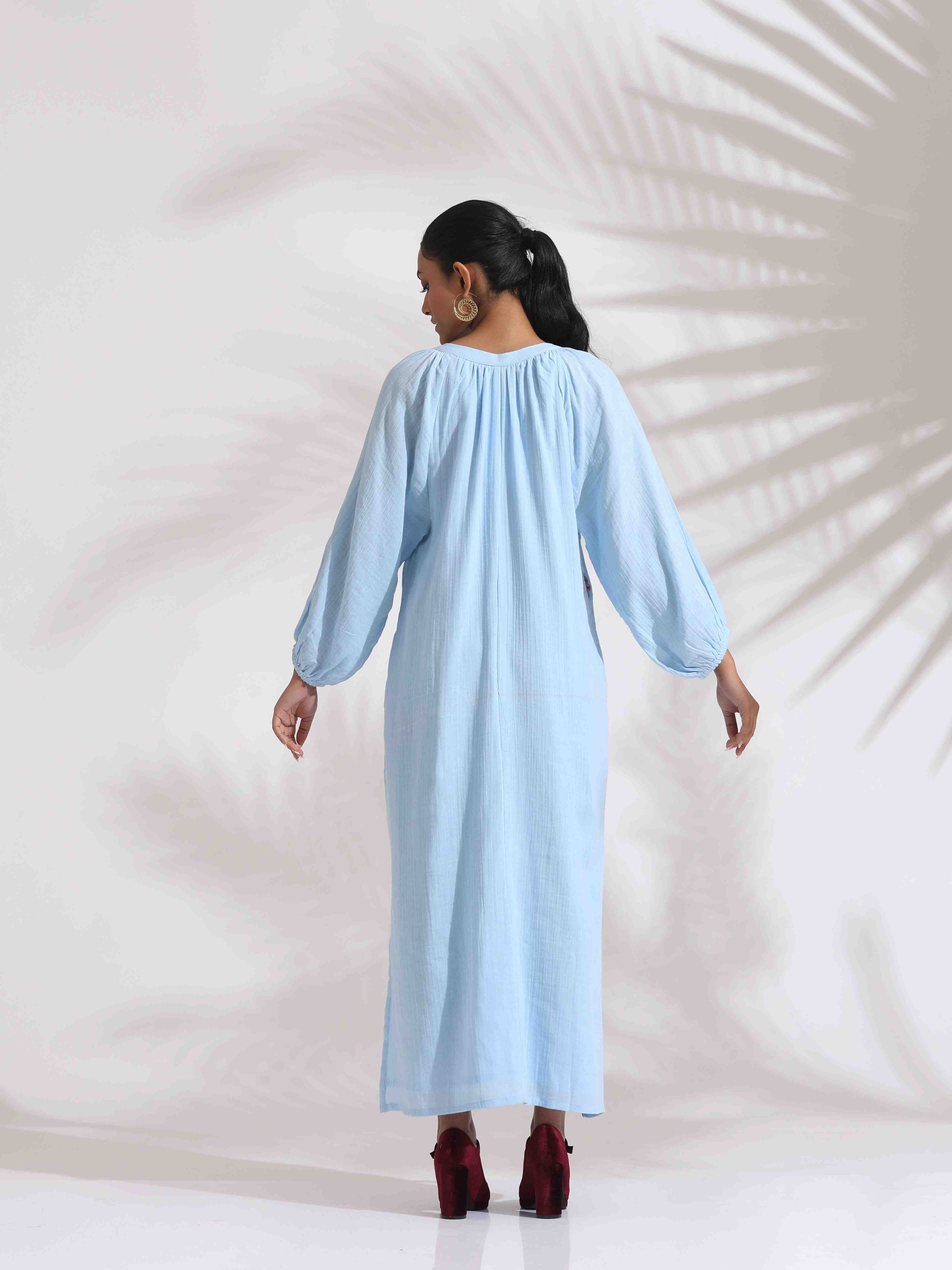trueBrowns Blue Cotton Embroidered Dress | Swadesiicart