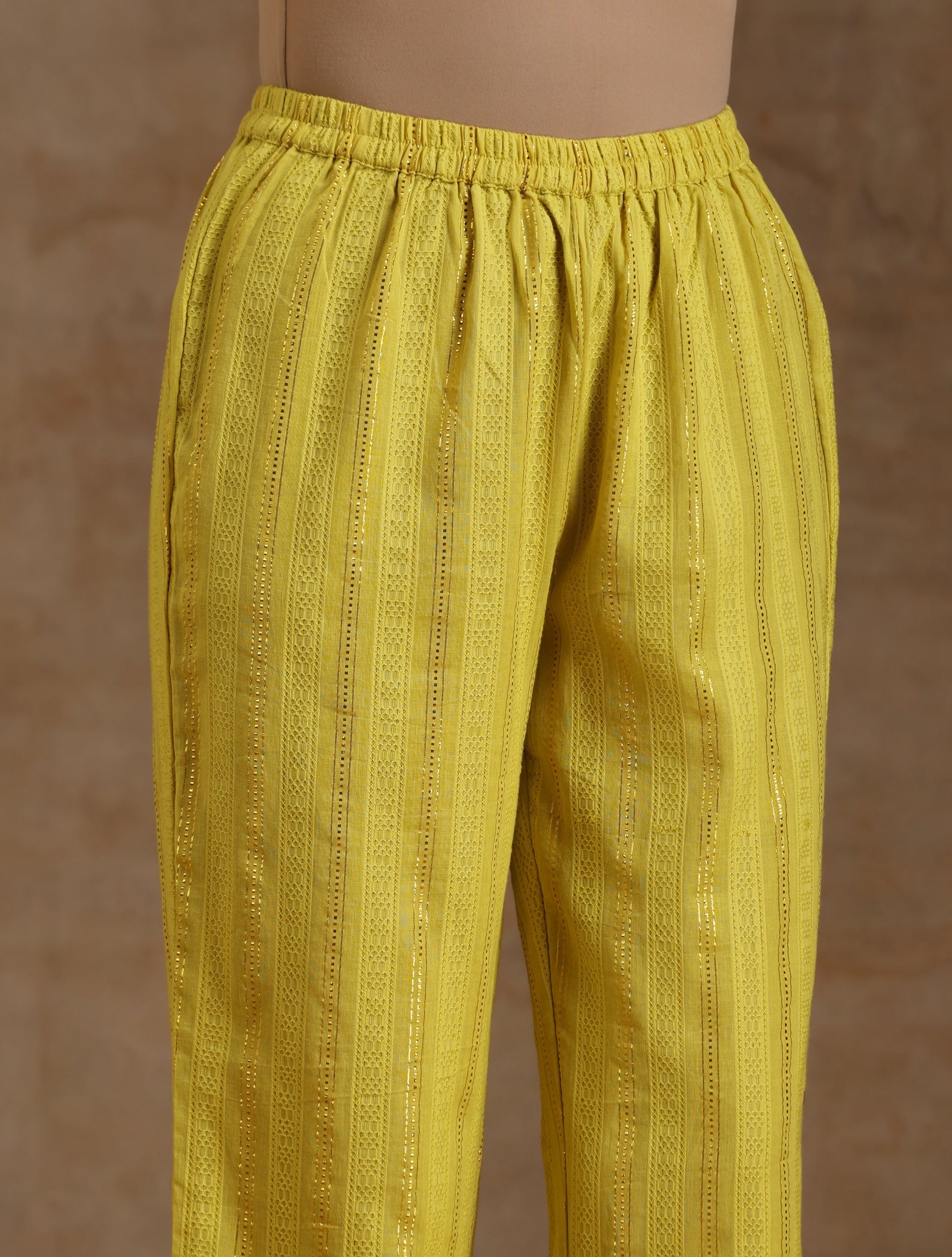 trueBrowns Lime Gold Cotton Kalidar Kurta Set | Swadesiicart