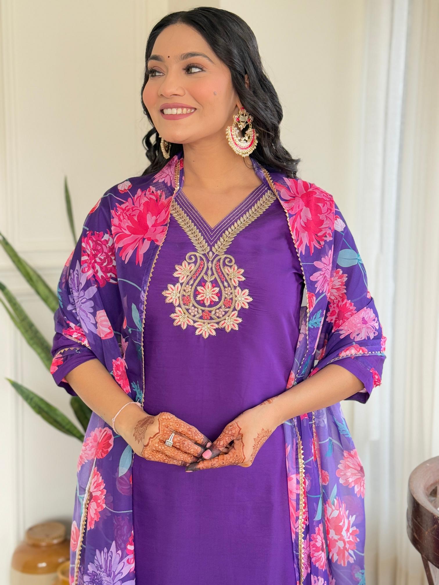 The52 Women's Beautiful Roman Silk Embroidered Straight Kurta with Pant And Dupatta Set - Swadesiicart