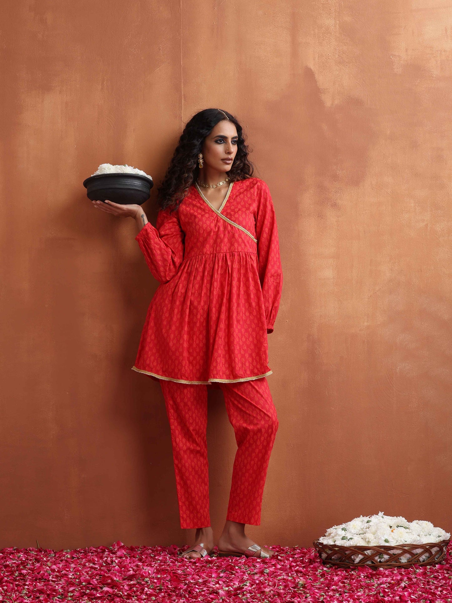 trueBrowns Red Print Angrakha Co-ord Set - Swadesiicart