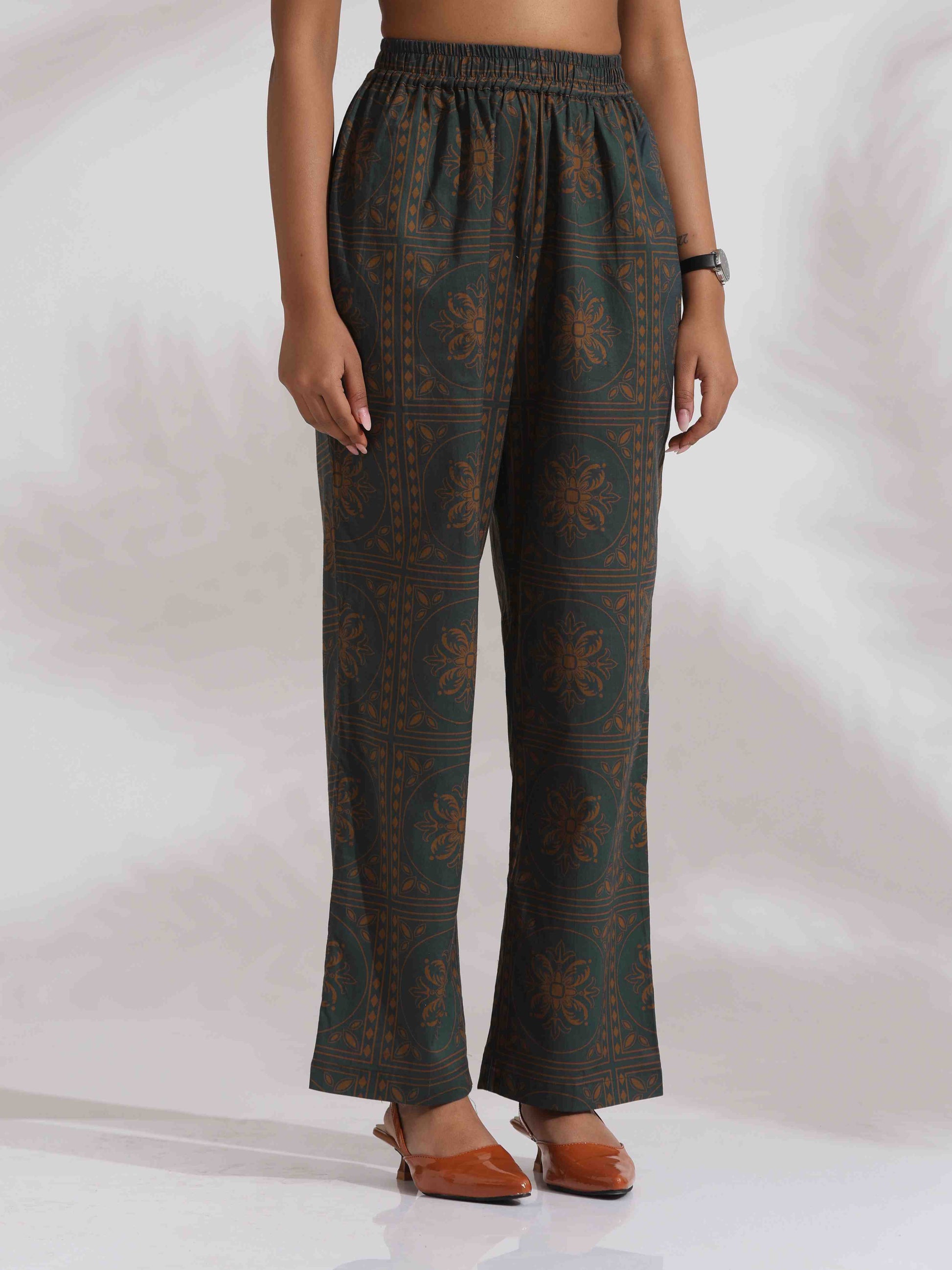 trueBrowns Green Cotton Print Shirt Top & Pants Co-ord Set - Swadesiicart