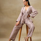 trueBrowns Grey Textured Silk Deep V-Neck Co-Ord Set - Swadesiicart