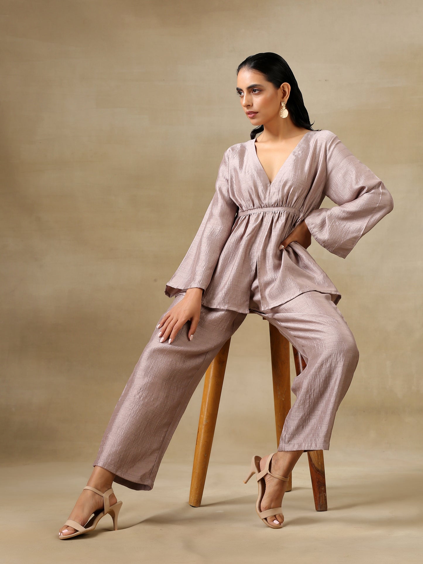 trueBrowns Grey Textured Silk Deep V-Neck Co-Ord Set - Swadesiicart