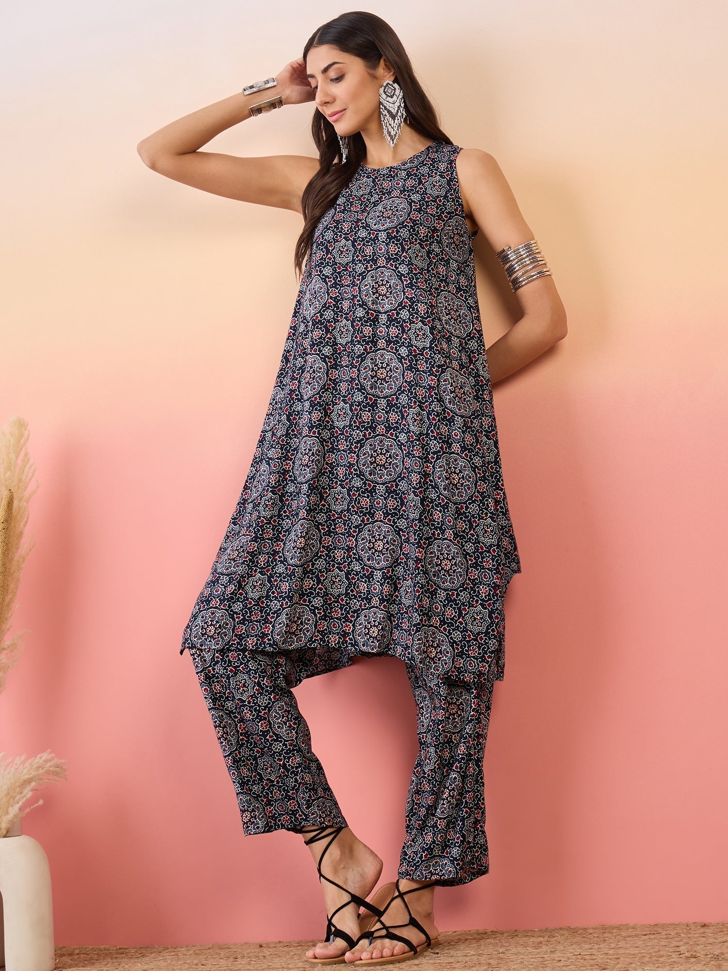 InWeave Navy Maroon Ajrakh Foil Round Neck Kurta Pant Set - Swadesiicart