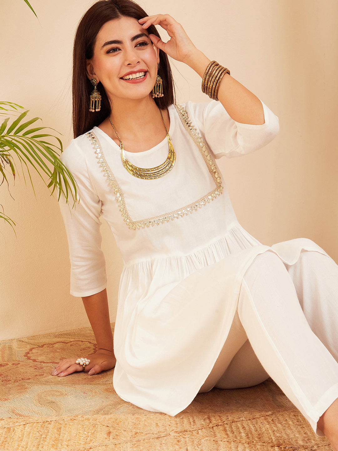 InWeave Women's White Round Neck Square Gota Work Kurta Pant Set - Swadesiicart