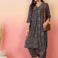 InWeave Black Maroon Ajrakh Foil V Neck Flared Kurta Pant Set - Swadesiicart