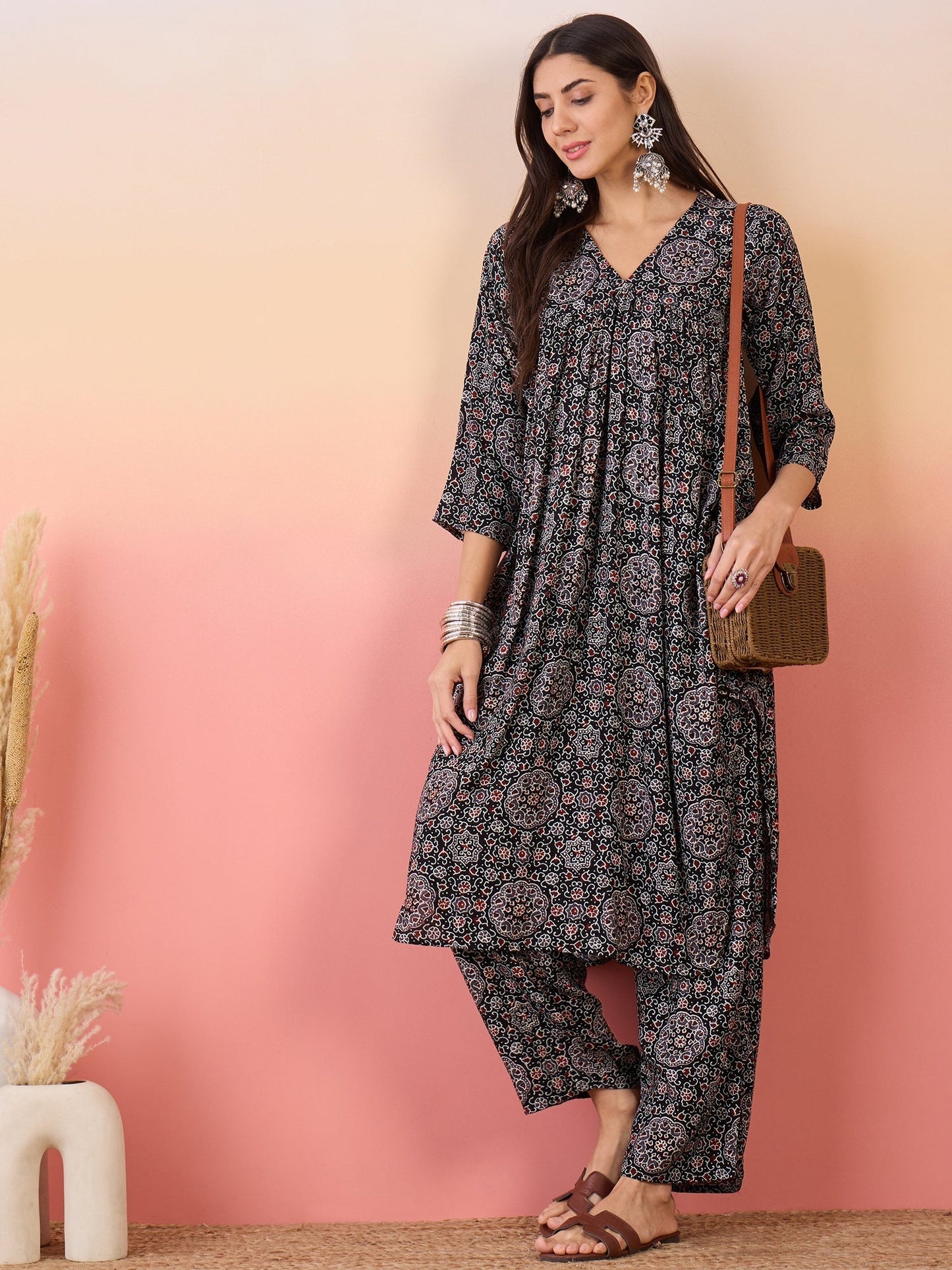 InWeave Black Maroon Ajrakh Foil V Neck Flared Kurta Pant Set - Swadesiicart
