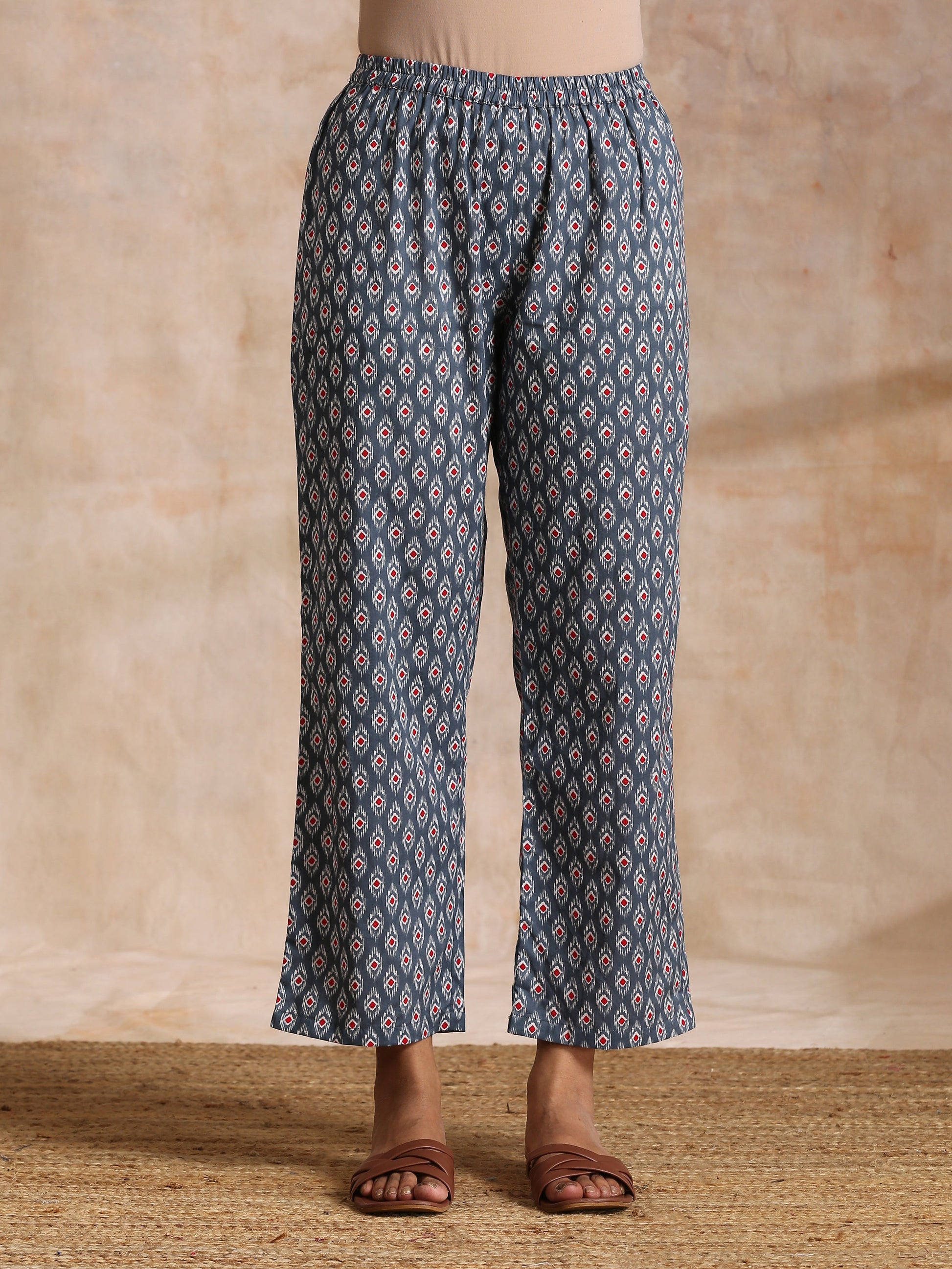 trueBrowns Steel Grey Ikat Print Cotton Gathers Co-Ord Set - Swadesiicart