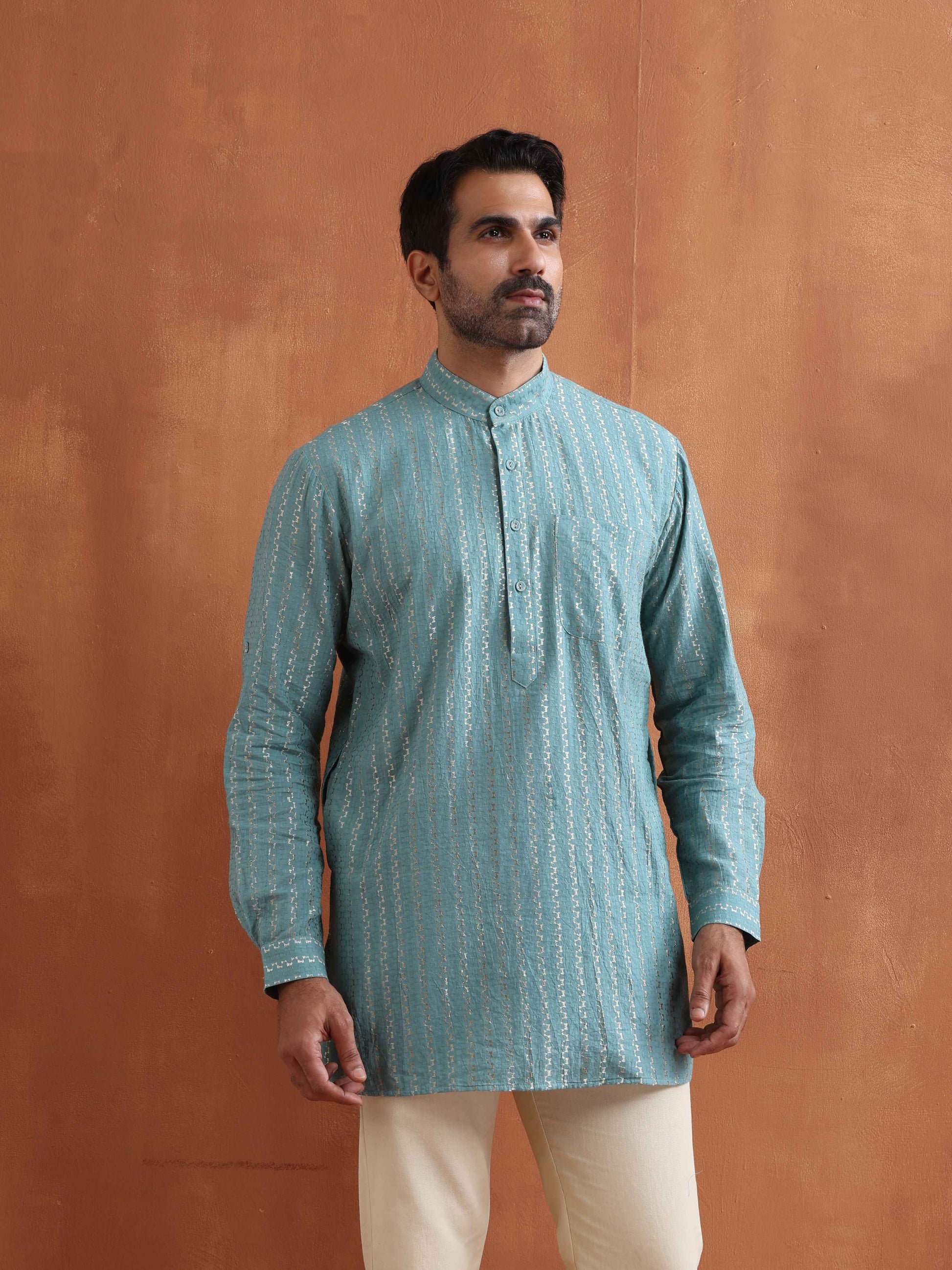 trueBrowns Men's Green Cotton Dobby Short Kurta | Swadesiicart