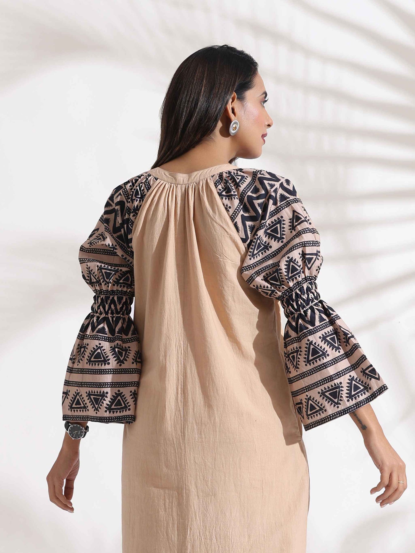 trueBrowns Beige Cotton Print Long Dress | Swadesiicart